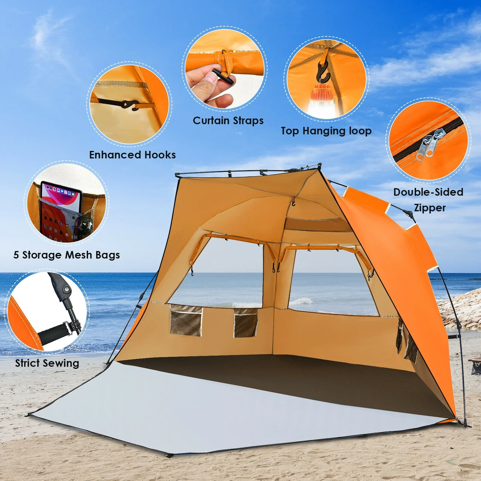 Pop Up Beach Tent, UPF 50+, Portable Sun Shelter, 3-4 Person, Orange - Image 6