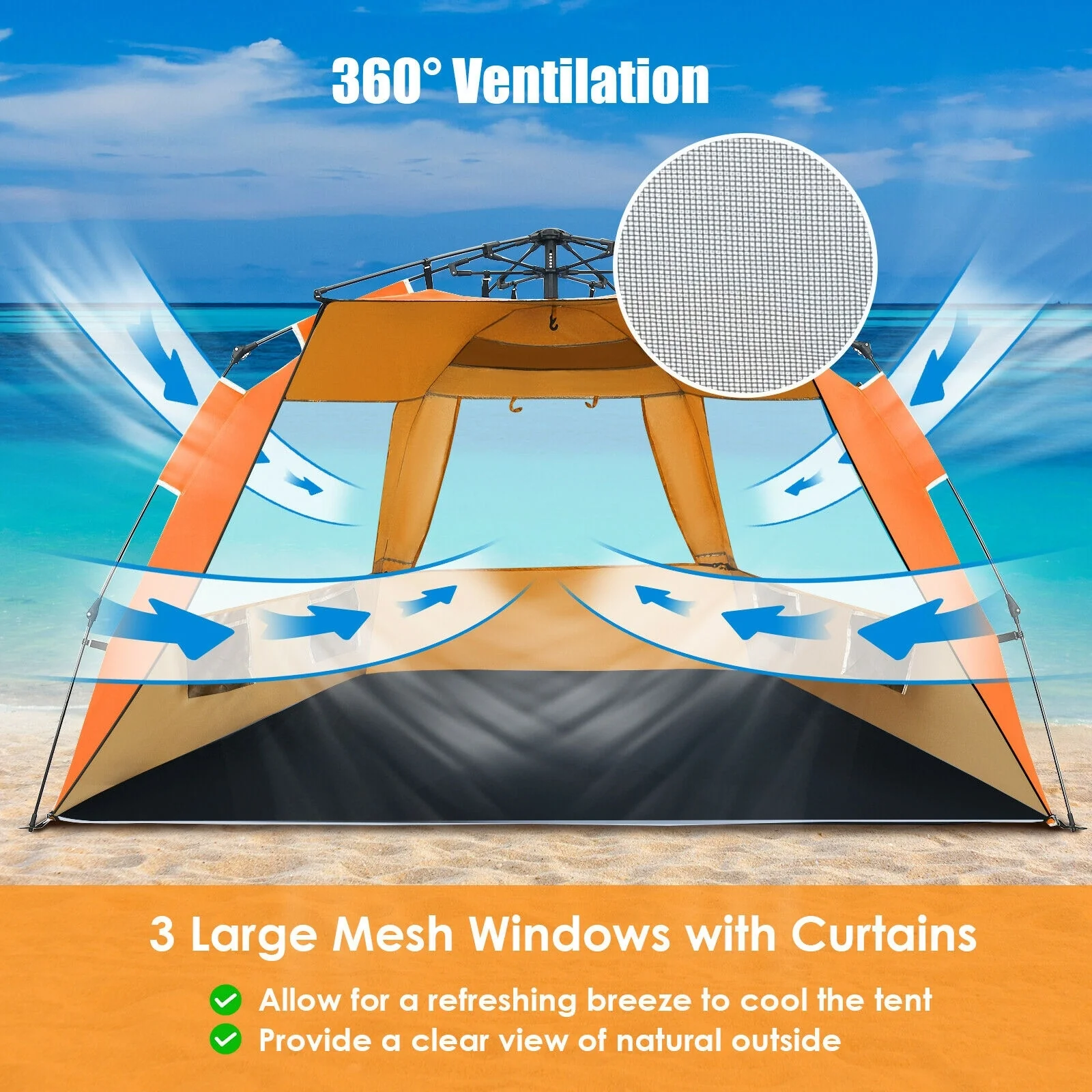 Pop Up Beach Tent, UPF 50+, Portable Sun Shelter, 3-4 Person, Orange - Image 9