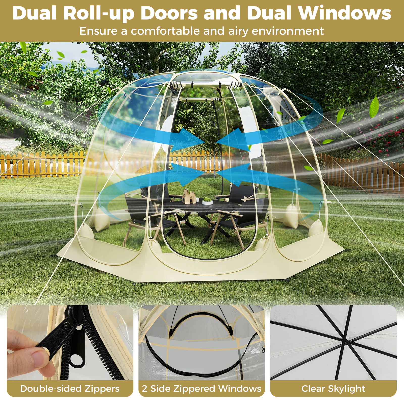 Pop Up Bubble Tent 360° Transparent PVC Igloo 8.5 x 8.5 FT Instant Setup Screen House for 5-6 People, Beige - Image 10