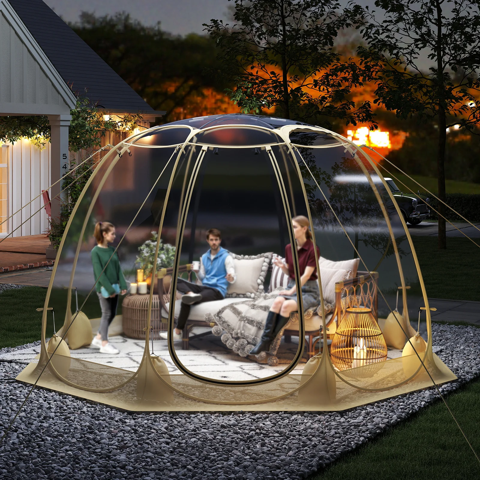 Pop Up Bubble Tent 360° Transparent PVC Igloo 8.5 x 8.5 FT Instant Setup Screen House for 5-6 People, Beige - Image 3