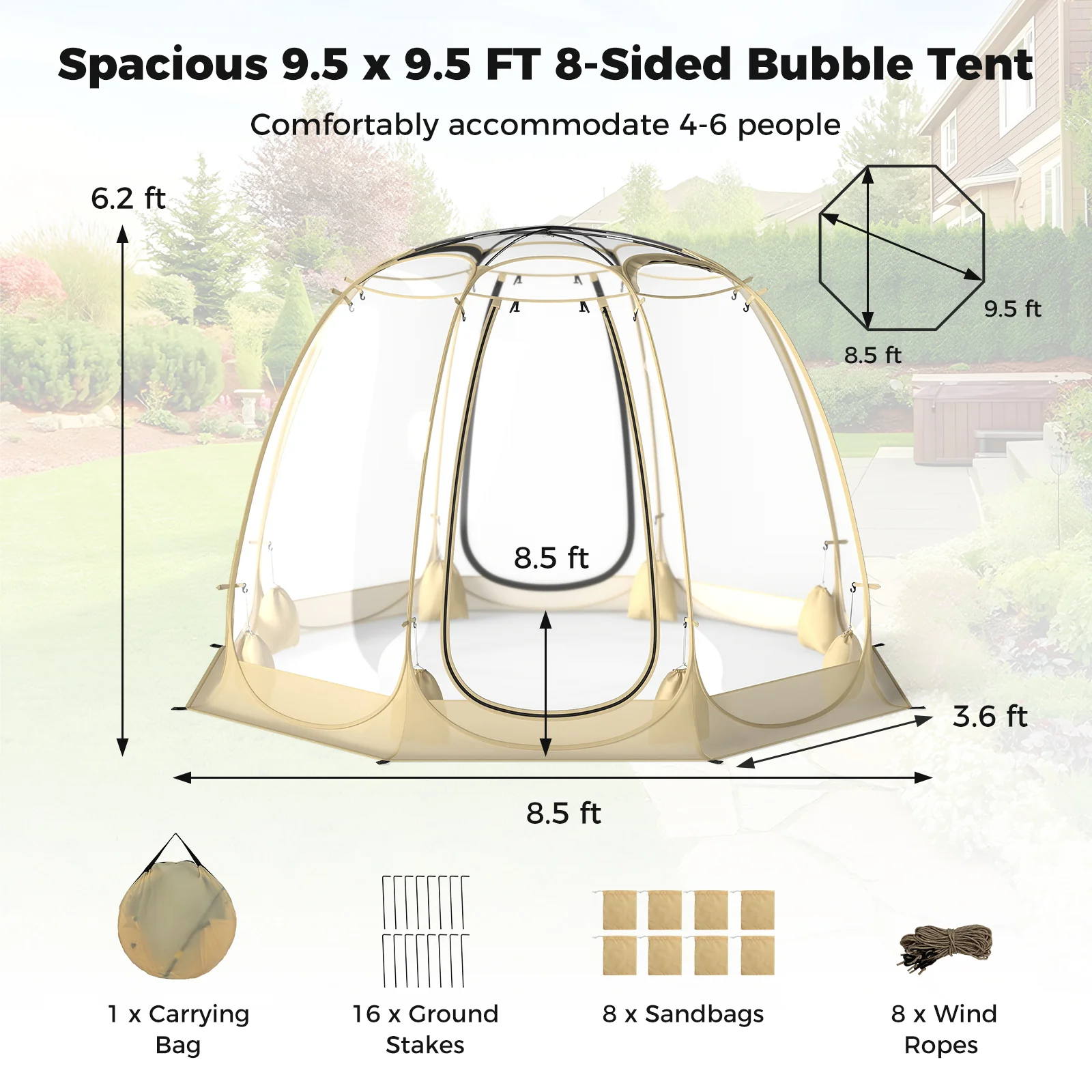 Pop Up Bubble Tent 360° Transparent PVC Igloo 8.5 x 8.5 FT Instant Setup Screen House for 5-6 People, Beige - Image 5