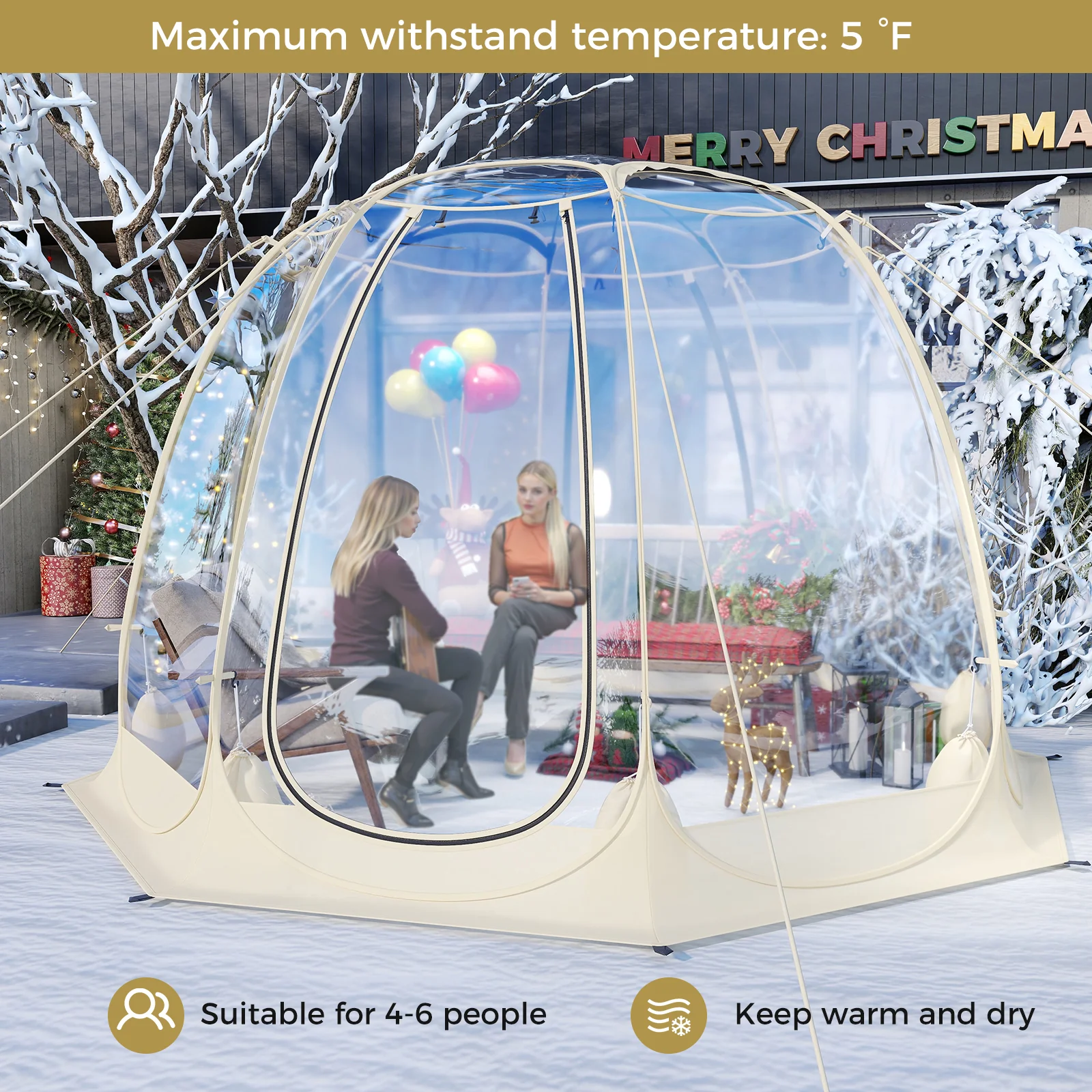 Pop Up Bubble Tent 360° Transparent PVC Igloo 8.5 x 8.5 FT Instant Setup Screen House for 5-6 People, Beige - Image 6