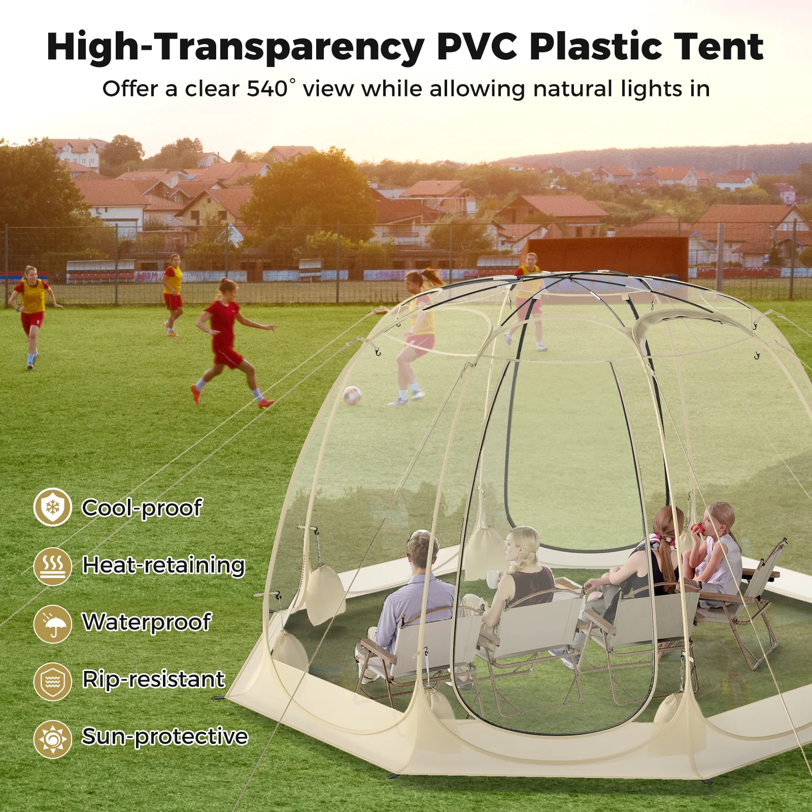 Pop Up Bubble Tent 360° Transparent PVC Igloo 8.5 x 8.5 FT Instant Setup Screen House for 5-6 People, Beige - Image 8