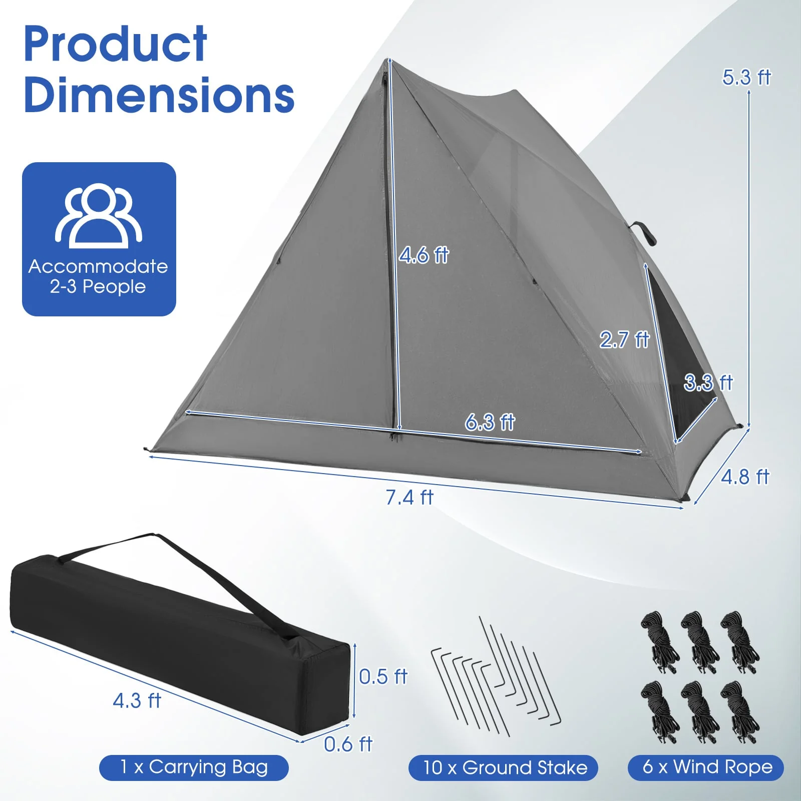 Pop-Up Camping Tent For 2-3 People, With Carry Bag And Rainfly, Gray - Image 6