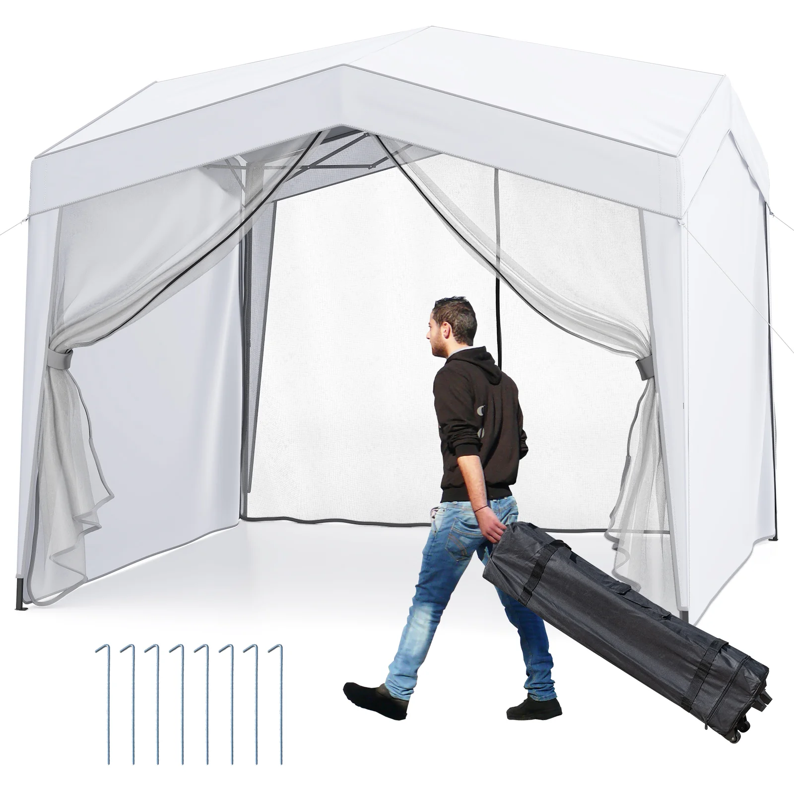 Pop Up Canopy Tent With 4 Sidewalls, Mesh Netting, Wheeled Bag, White