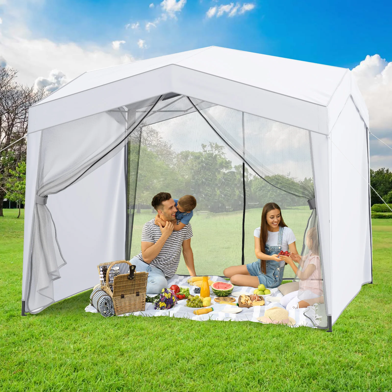Pop Up Canopy Tent With 4 Sidewalls, Mesh Netting, Wheeled Bag, White - Image 3