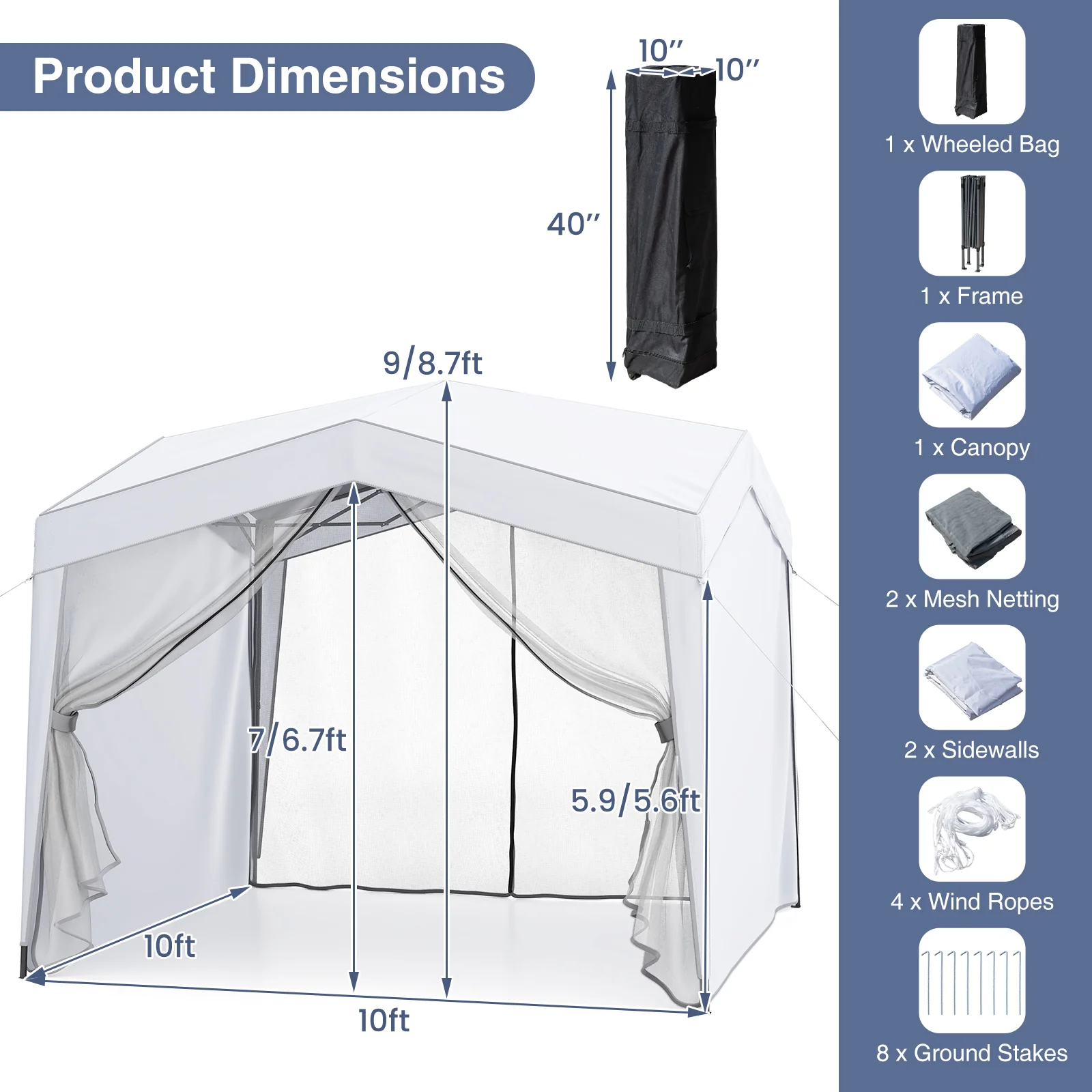 Pop Up Canopy Tent With 4 Sidewalls, Mesh Netting, Wheeled Bag, White - Image 5