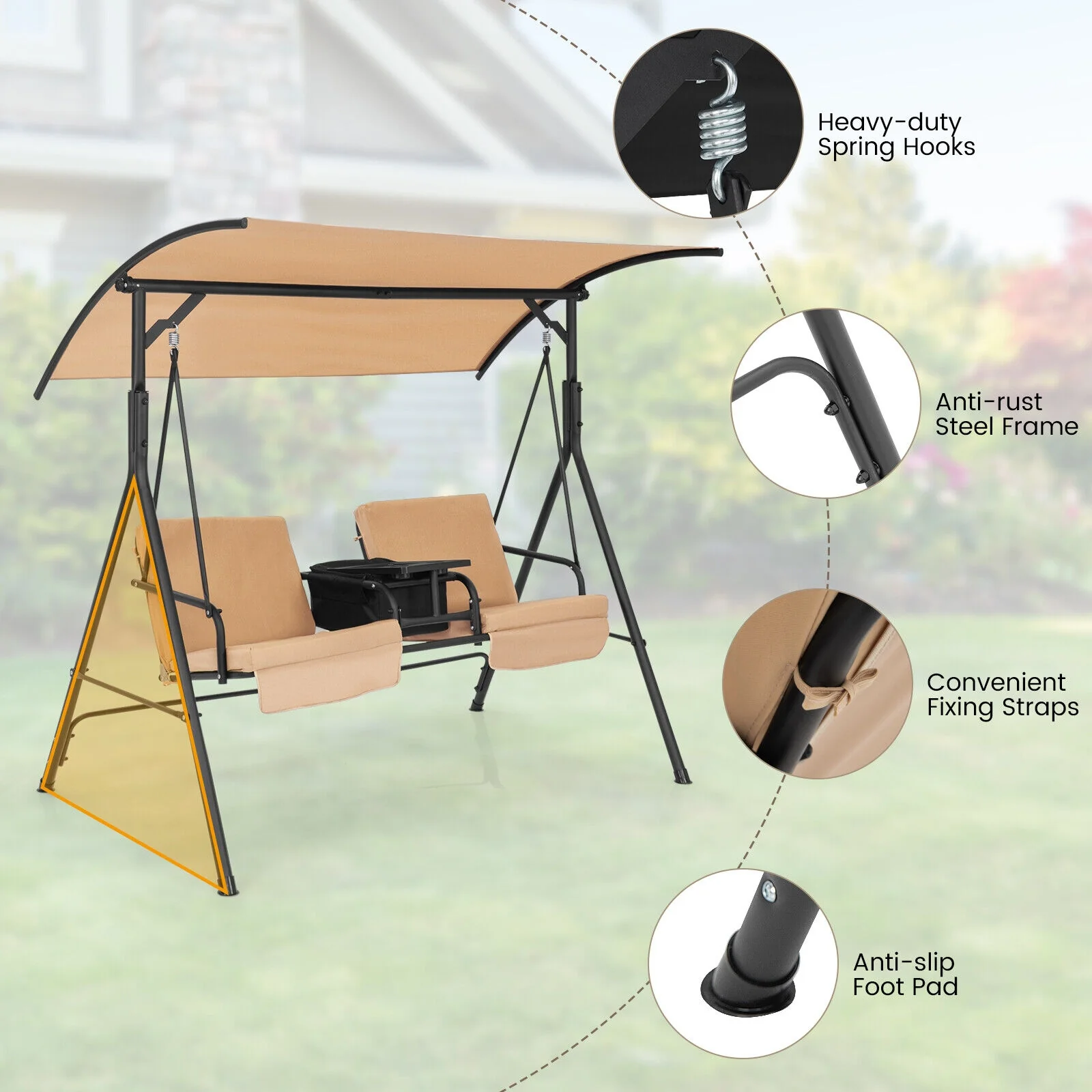 Porch Swing Chair, Adjustable Canopy, Beige - Image 10
