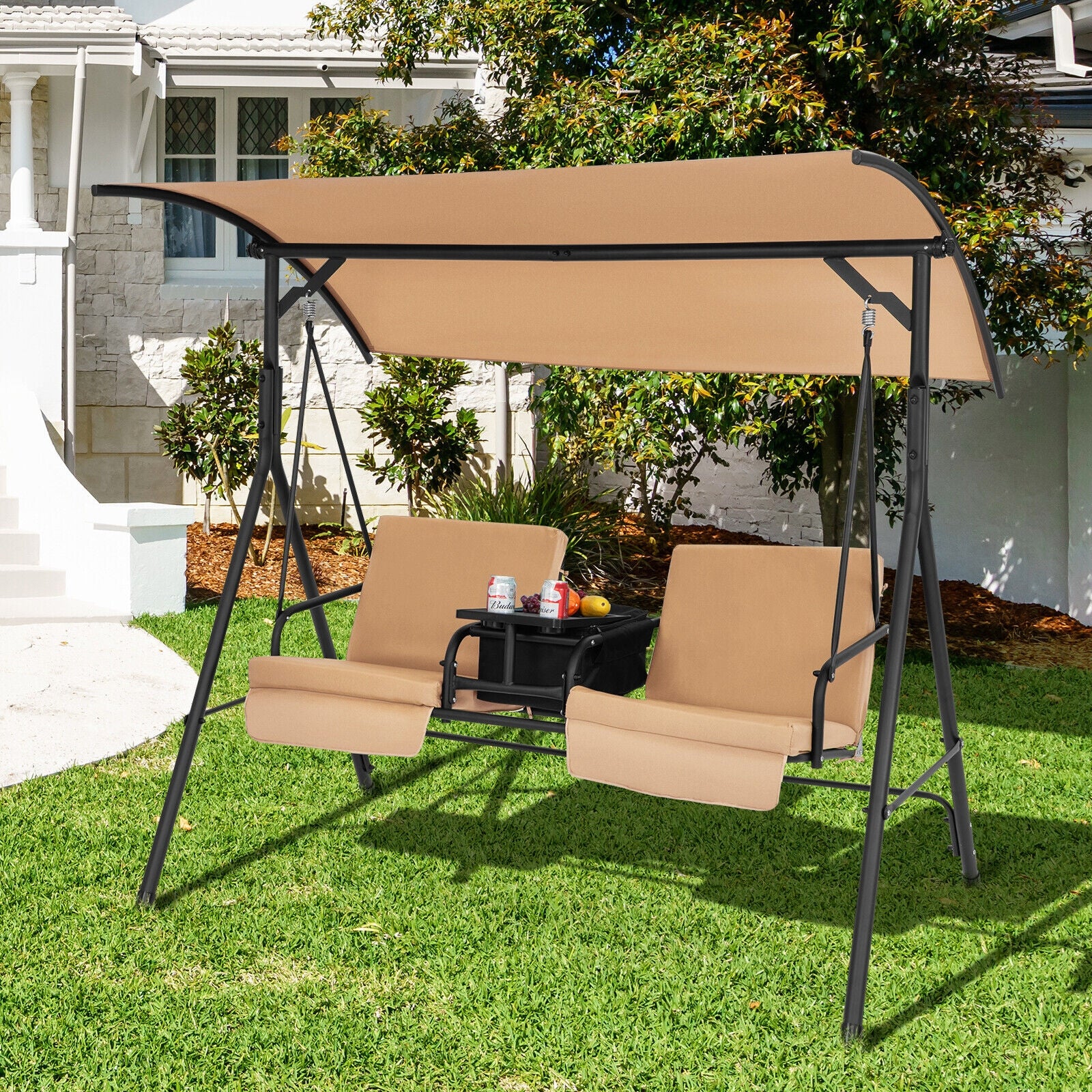 Porch Swing Chair, Adjustable Canopy, Beige - Image 2