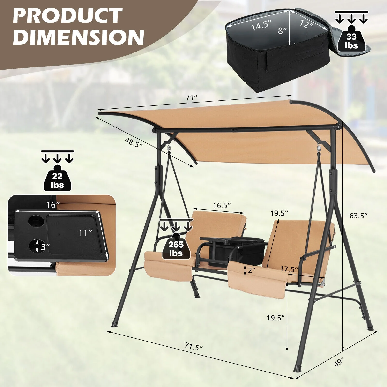 Porch Swing Chair, Adjustable Canopy, Beige - Image 6