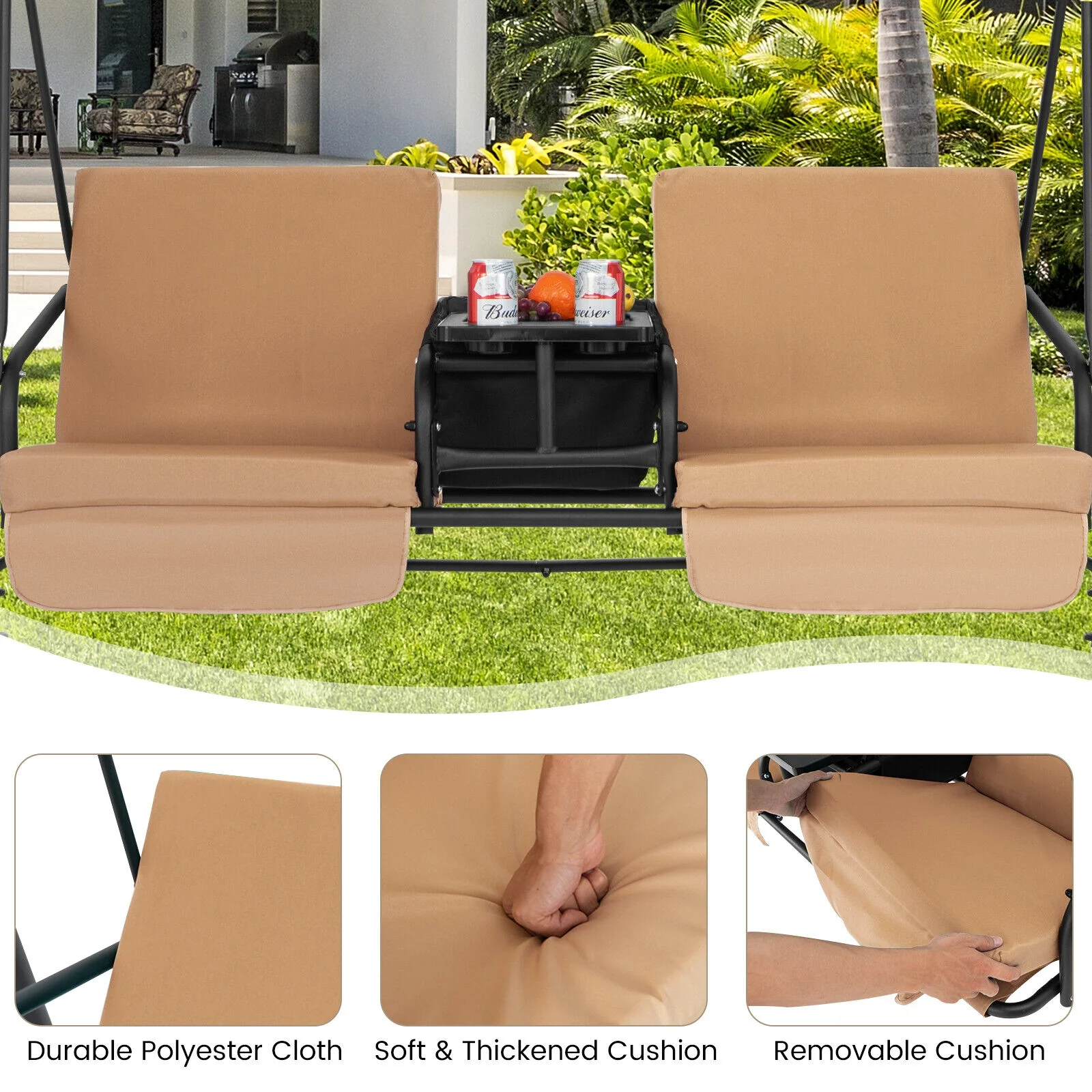 Porch Swing Chair, Adjustable Canopy, Beige - Image 7