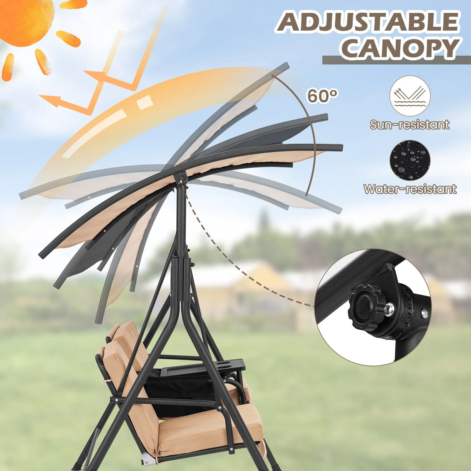 Porch Swing Chair, Adjustable Canopy, Beige - Image 8