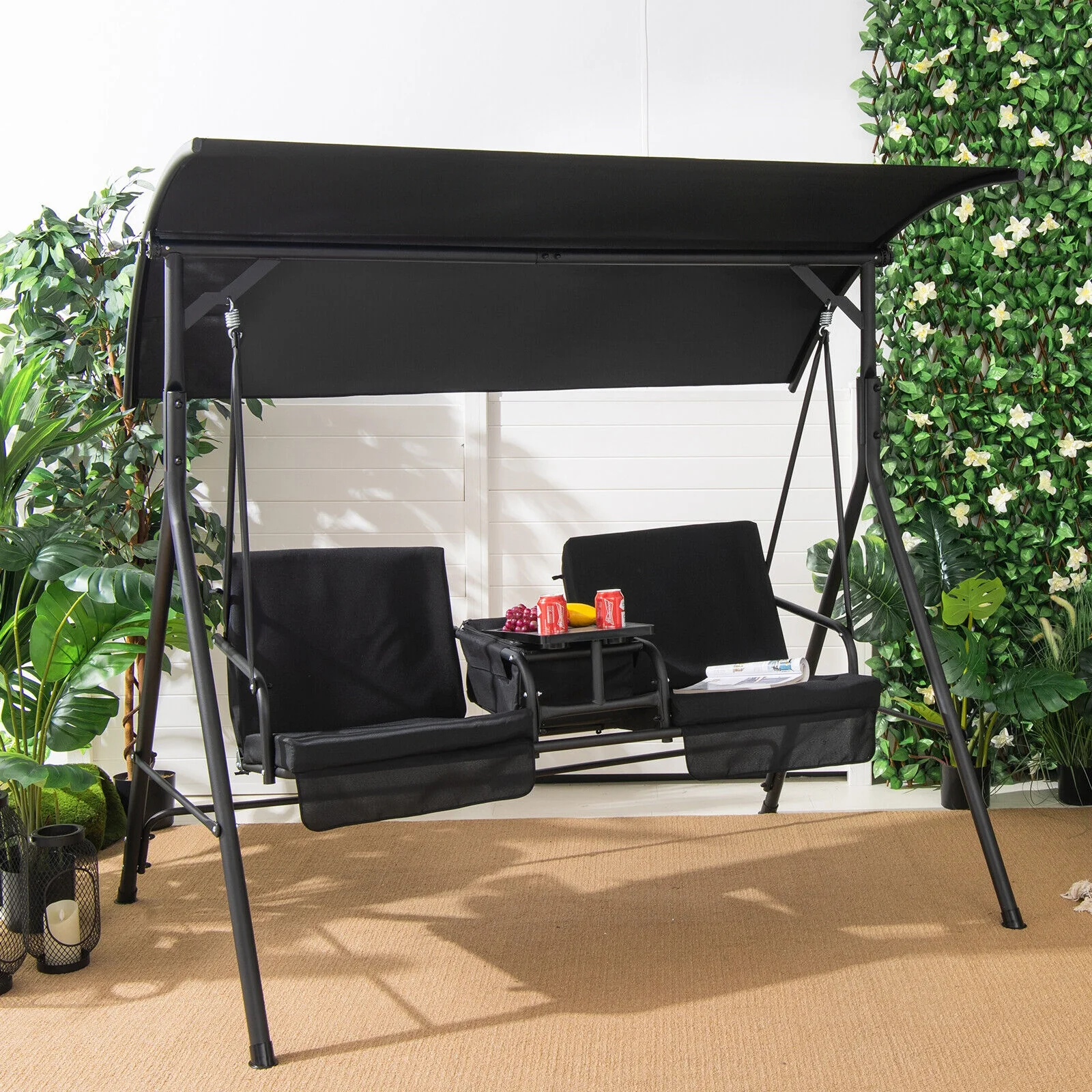 Porch Swing Chair, Adjustable Canopy, Black - Image 2