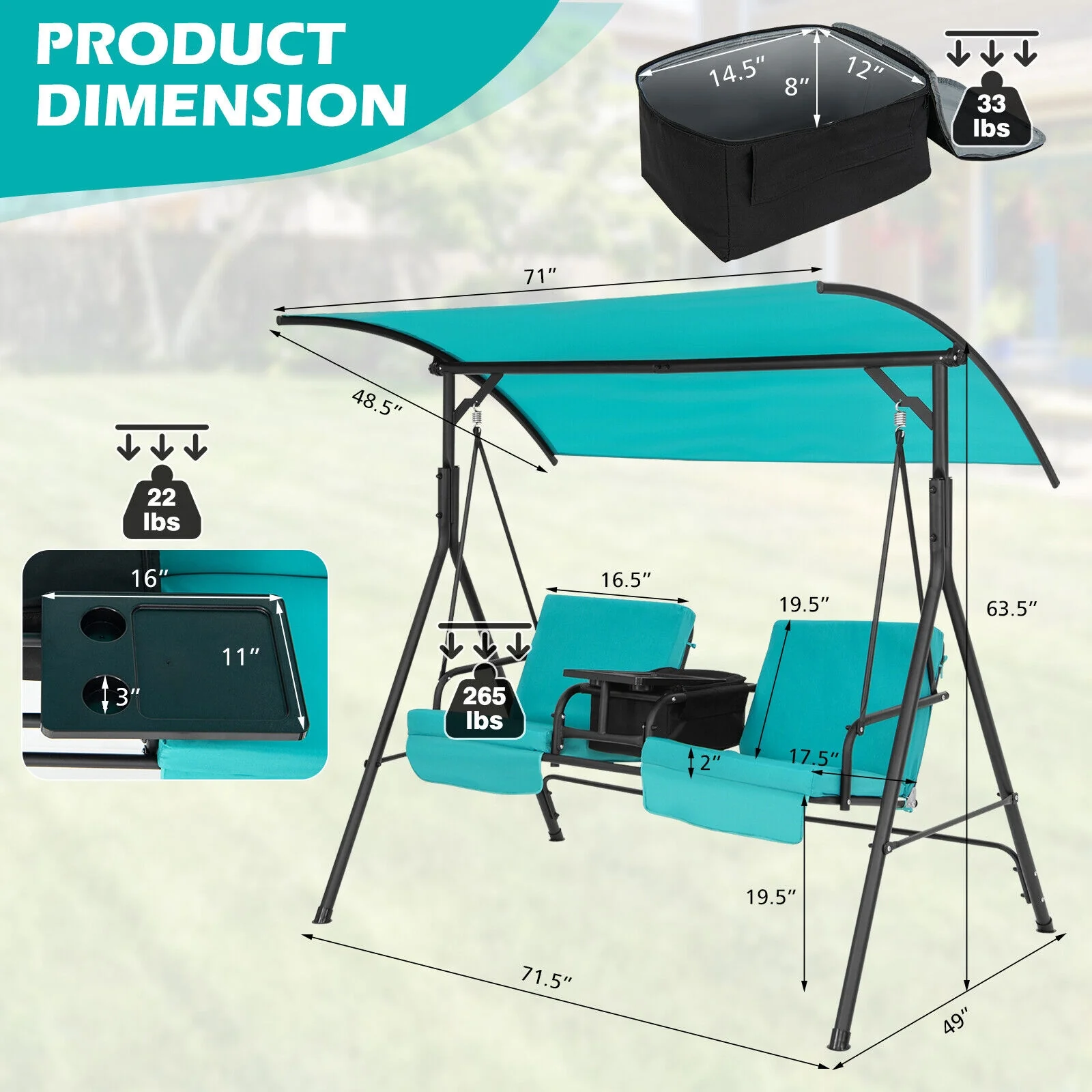 Porch Swing Chair, Adjustable Canopy, Turquoise - Image 6