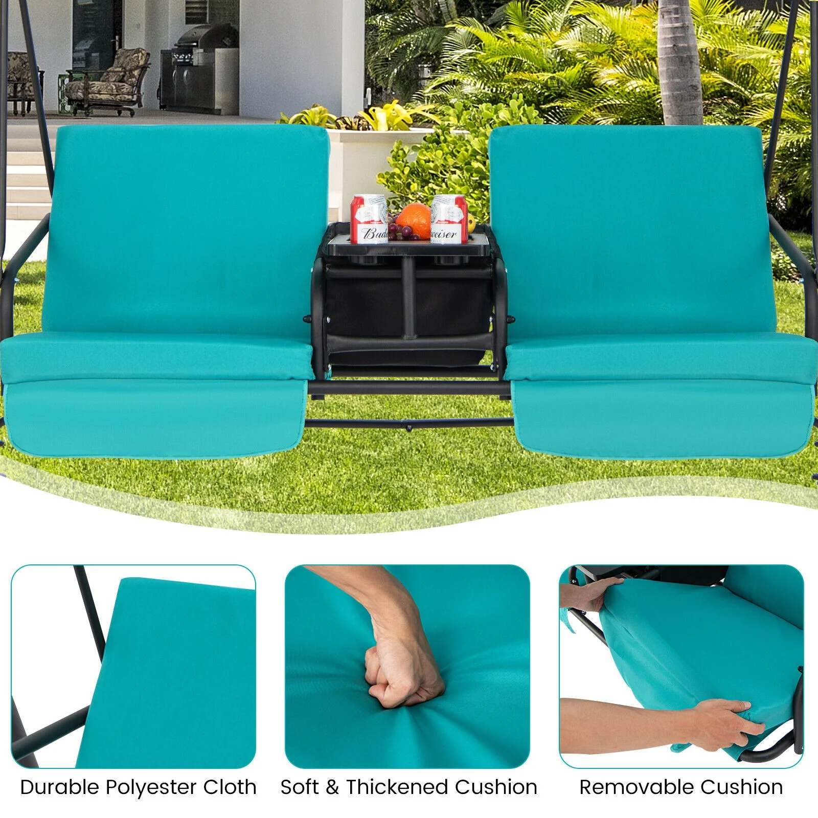 Porch Swing Chair, Adjustable Canopy, Turquoise - Image 7
