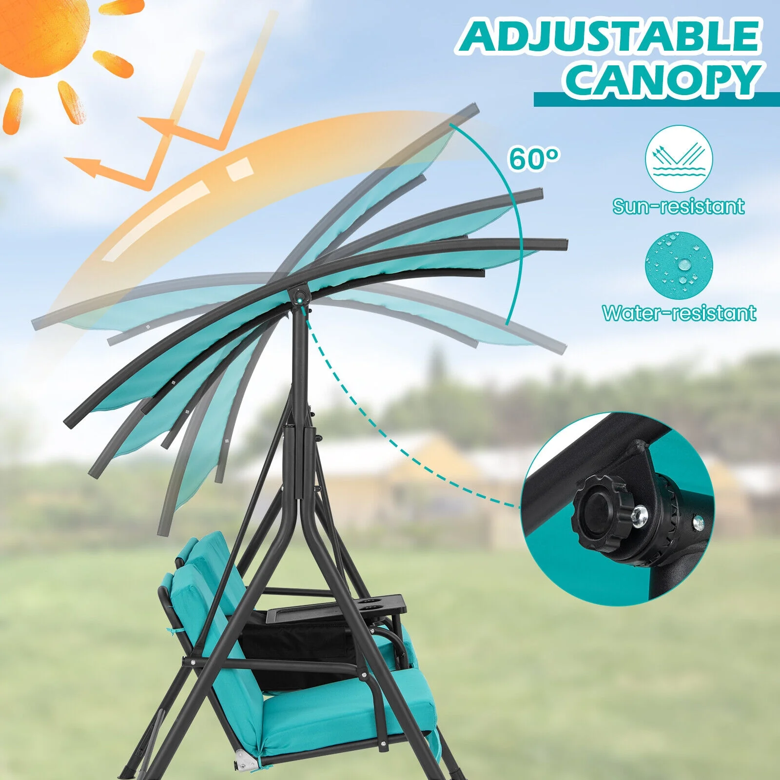 Porch Swing Chair, Adjustable Canopy, Turquoise - Image 8