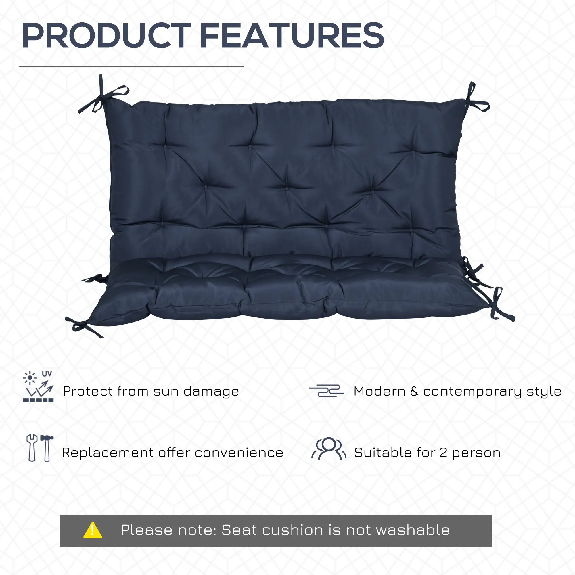 Porch Swing Cushion, Garden Bench Cushion with Backrest, Non-Slip 2-Seater, 39.4" x 38.6", Dark Blue - Image 5
