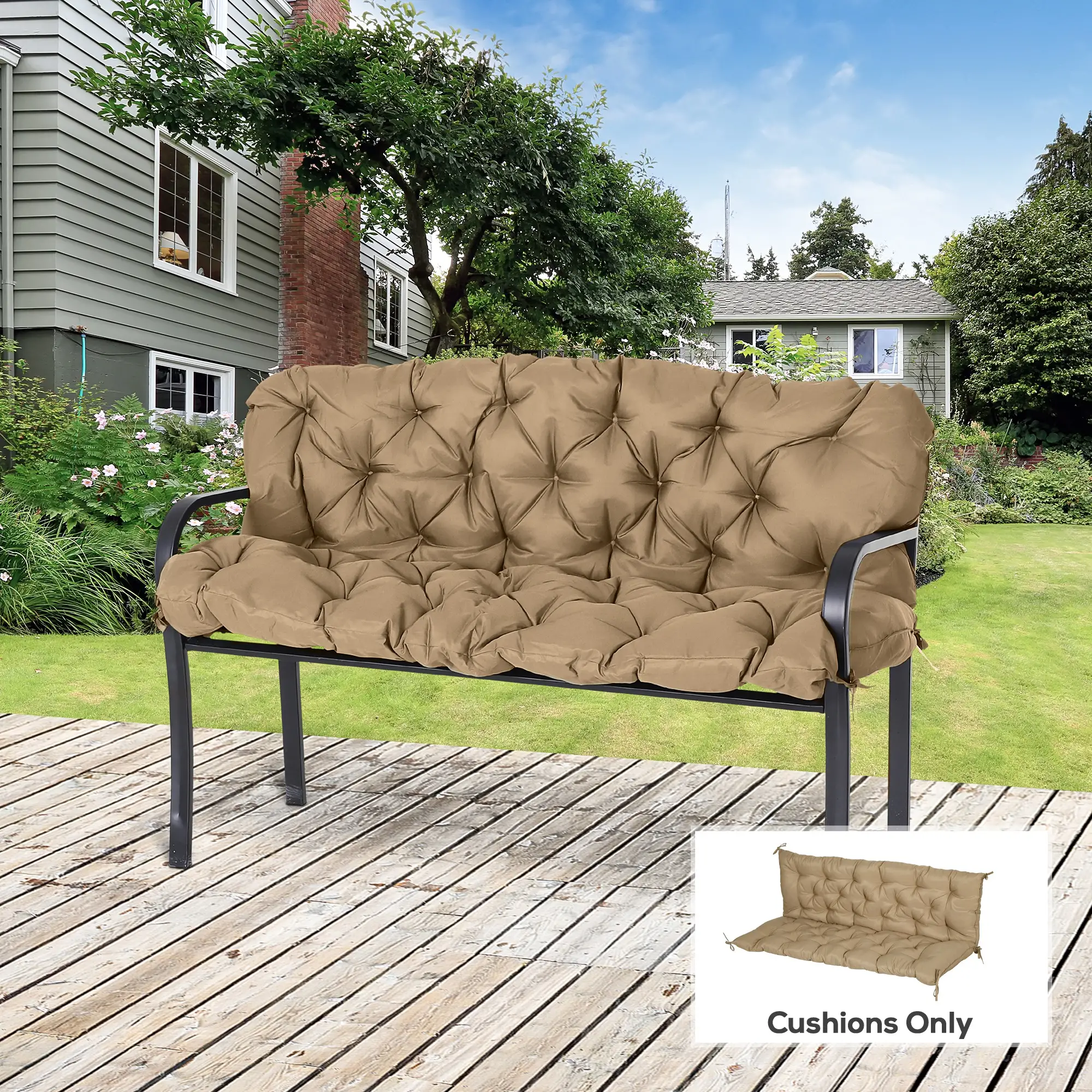 Porch Swing Cushion, Garden Bench Cushion with Backrest, Non-Slip 3-Seater, 59.1" x 38.6", Khaki - Image 2