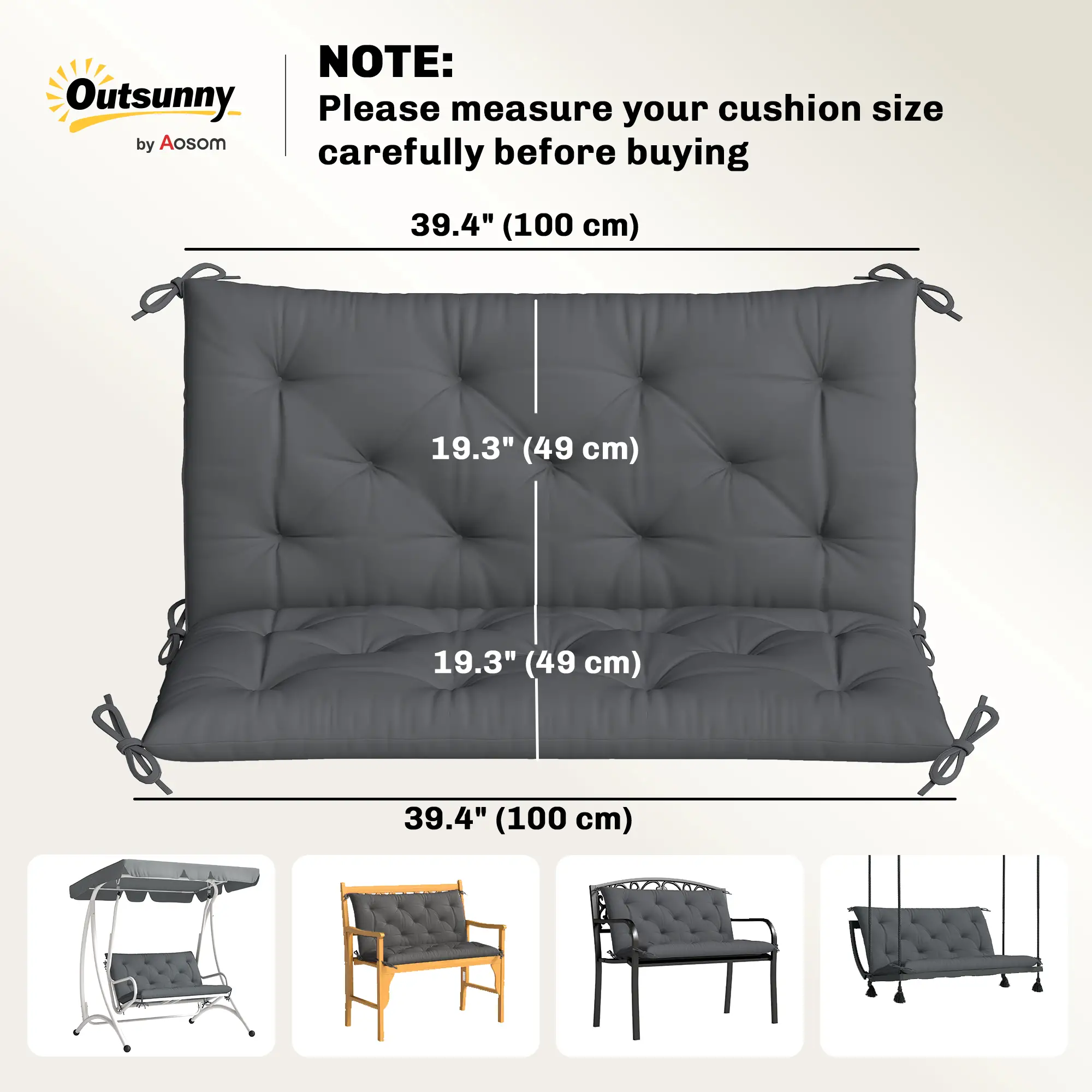 Porch Swing Cushion, Garden Bench Cushion with Backrest, Non-Slip, 39.4" x 38.6", Dark Grey - Image 3