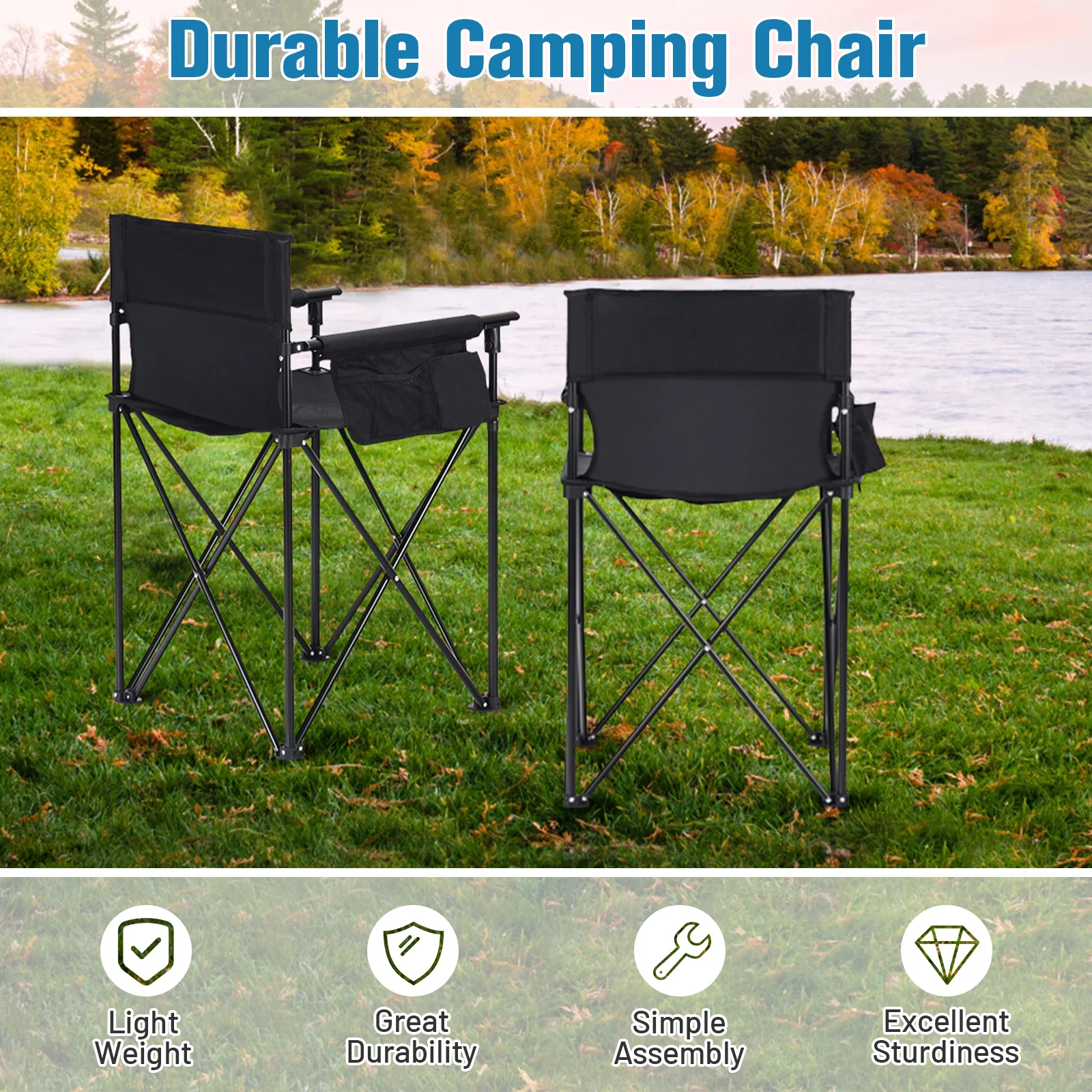 Portable 38 Inch Oversized Folding Chair, Black - Image 3