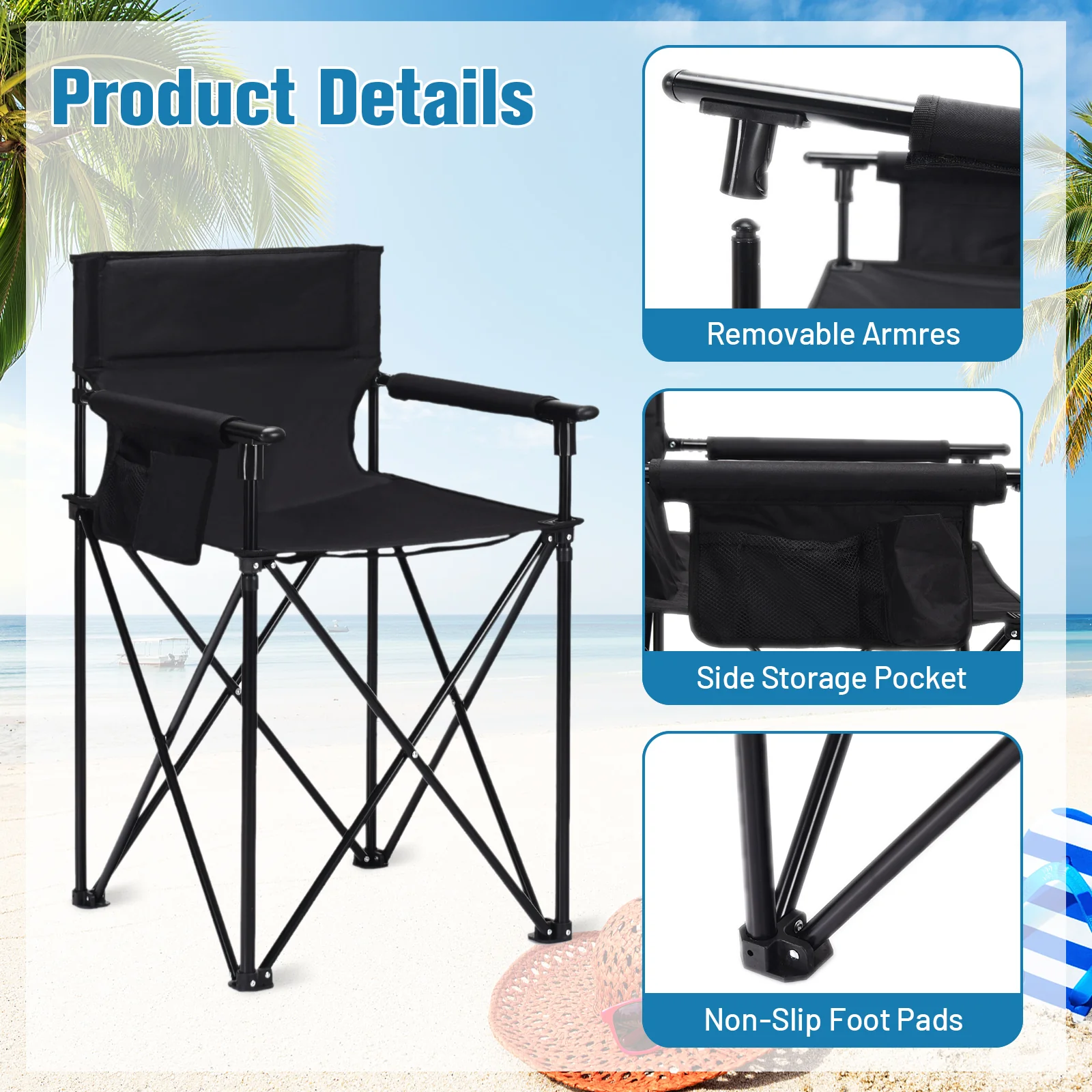Portable 38 Inch Oversized Folding Chair, Black - Image 7