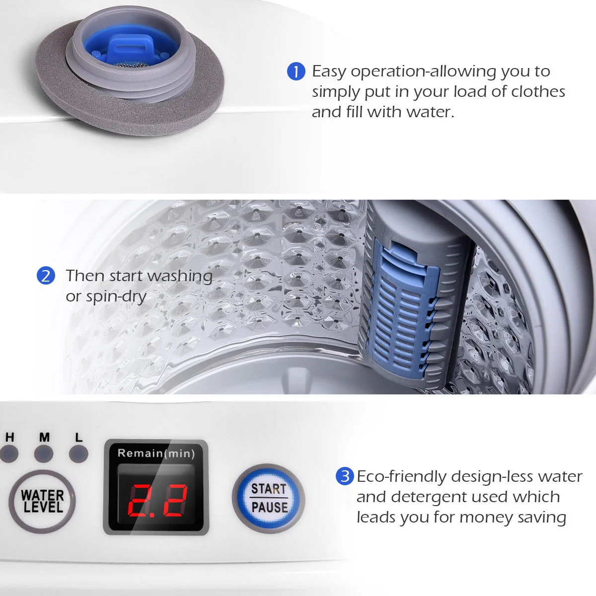 Portable 7.7 lbs Automatic Laundry Washer With Drain Pump, White - Image 9