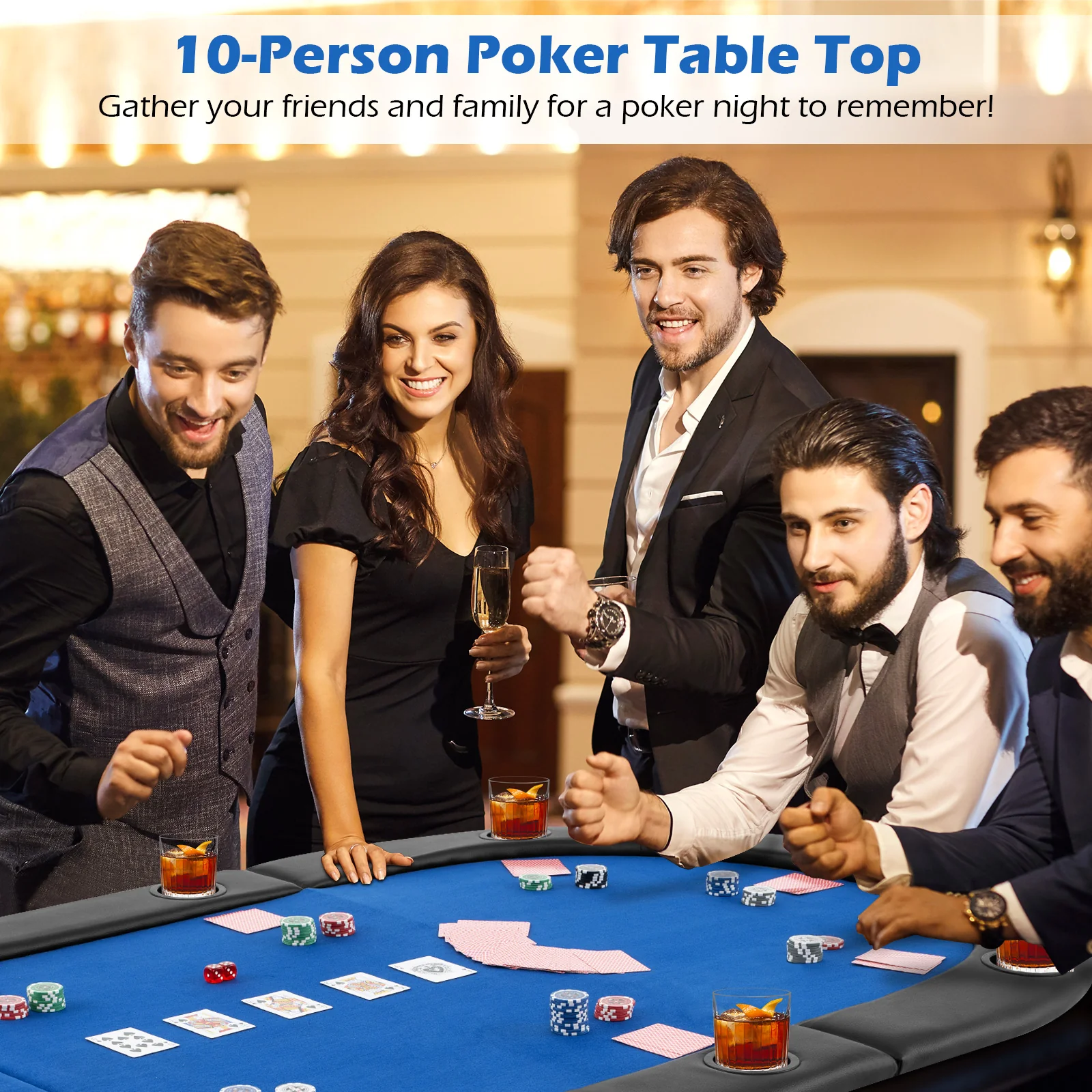 Portable 84 x 42 Inch 10-Player Foldable Padded Poker Table Top, Blue - Image 2