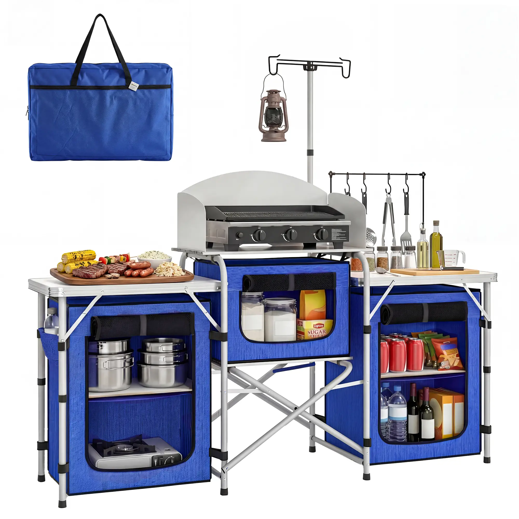 Portable Aluminum Camping Table, Fabric Cupboards, Windshield, Blue