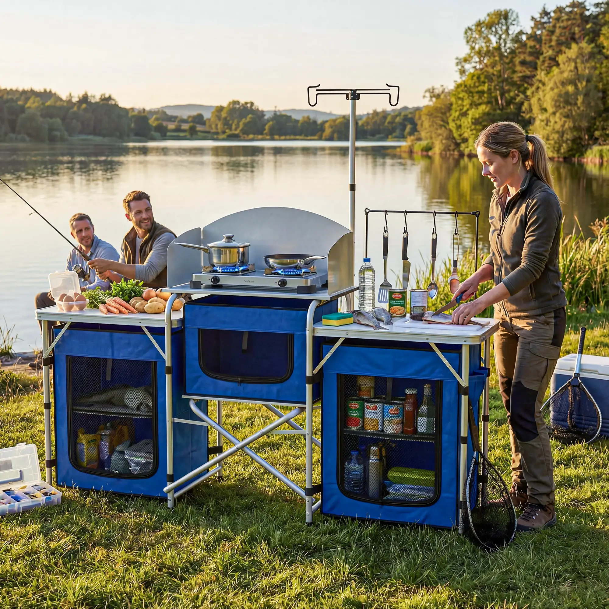 Portable Aluminum Camping Table, Fabric Cupboards, Windshield, Blue - Image 10