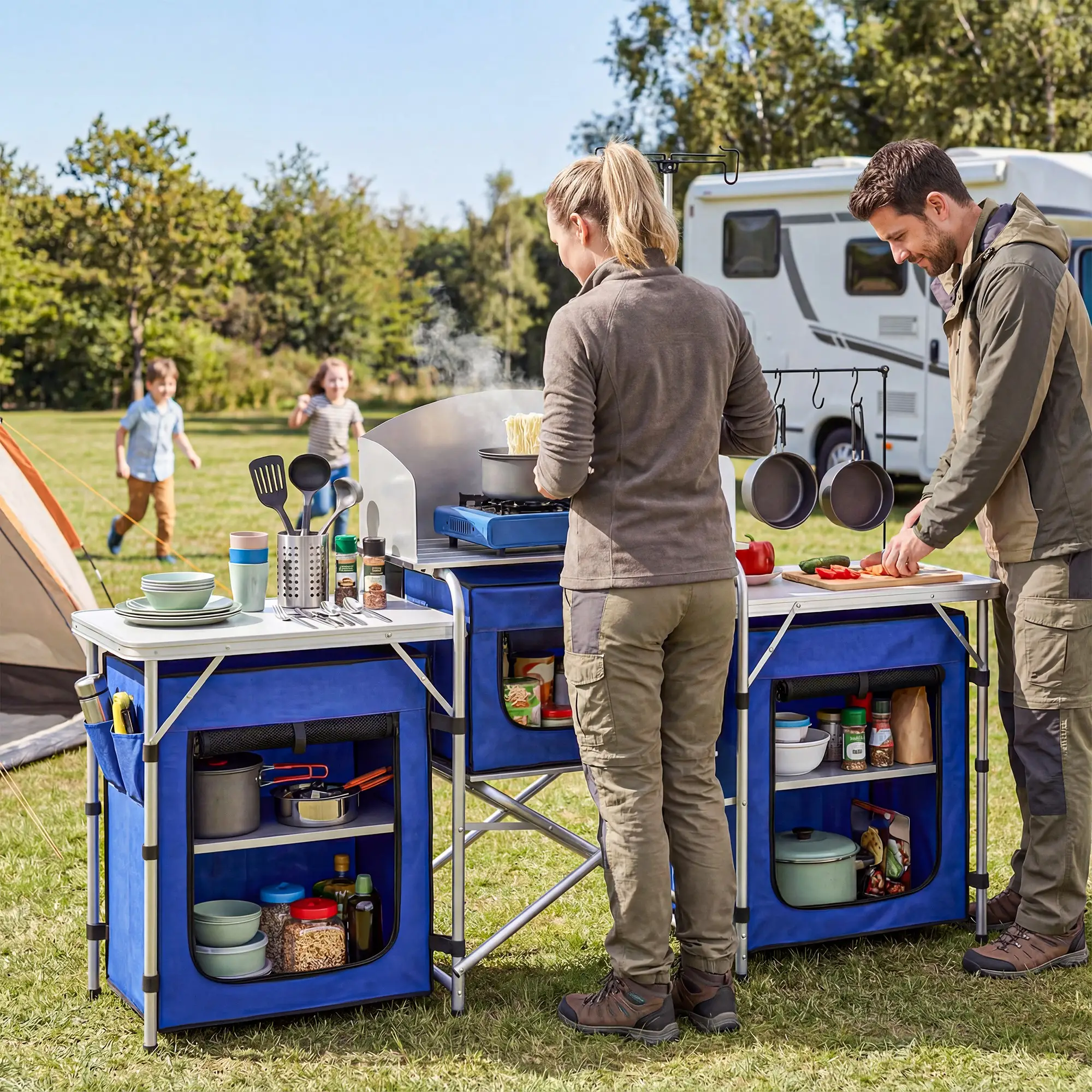 Portable Aluminum Camping Table, Fabric Cupboards, Windshield, Blue - Image 2