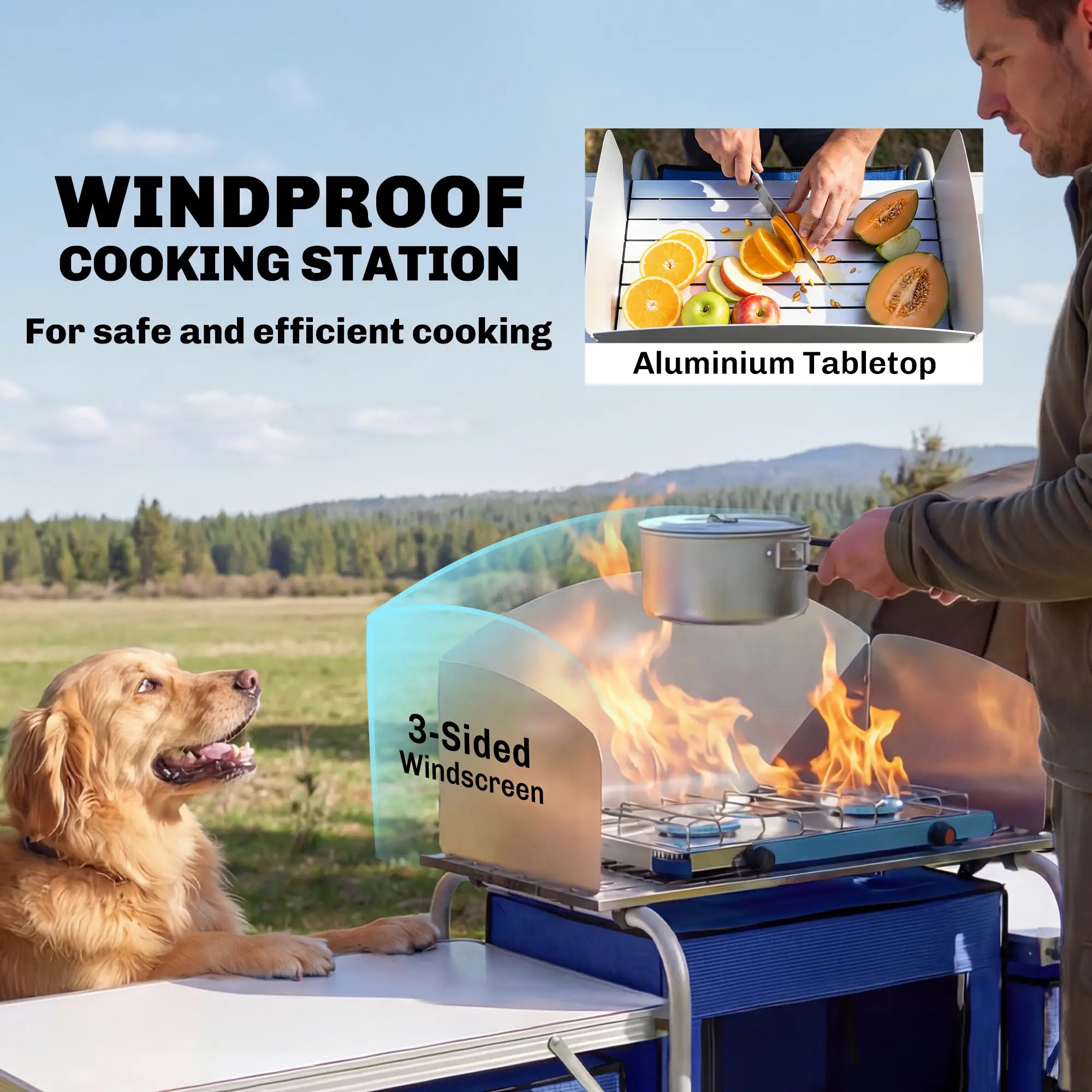 Portable Aluminum Camping Table, Fabric Cupboards, Windshield, Blue - Image 4