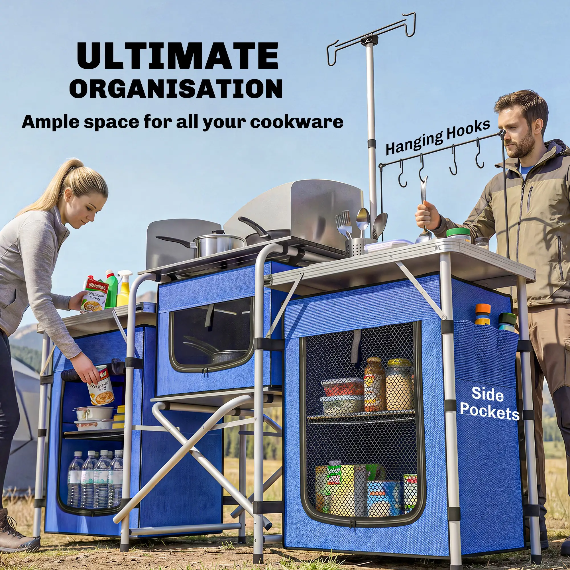 Portable Aluminum Camping Table, Fabric Cupboards, Windshield, Blue - Image 5