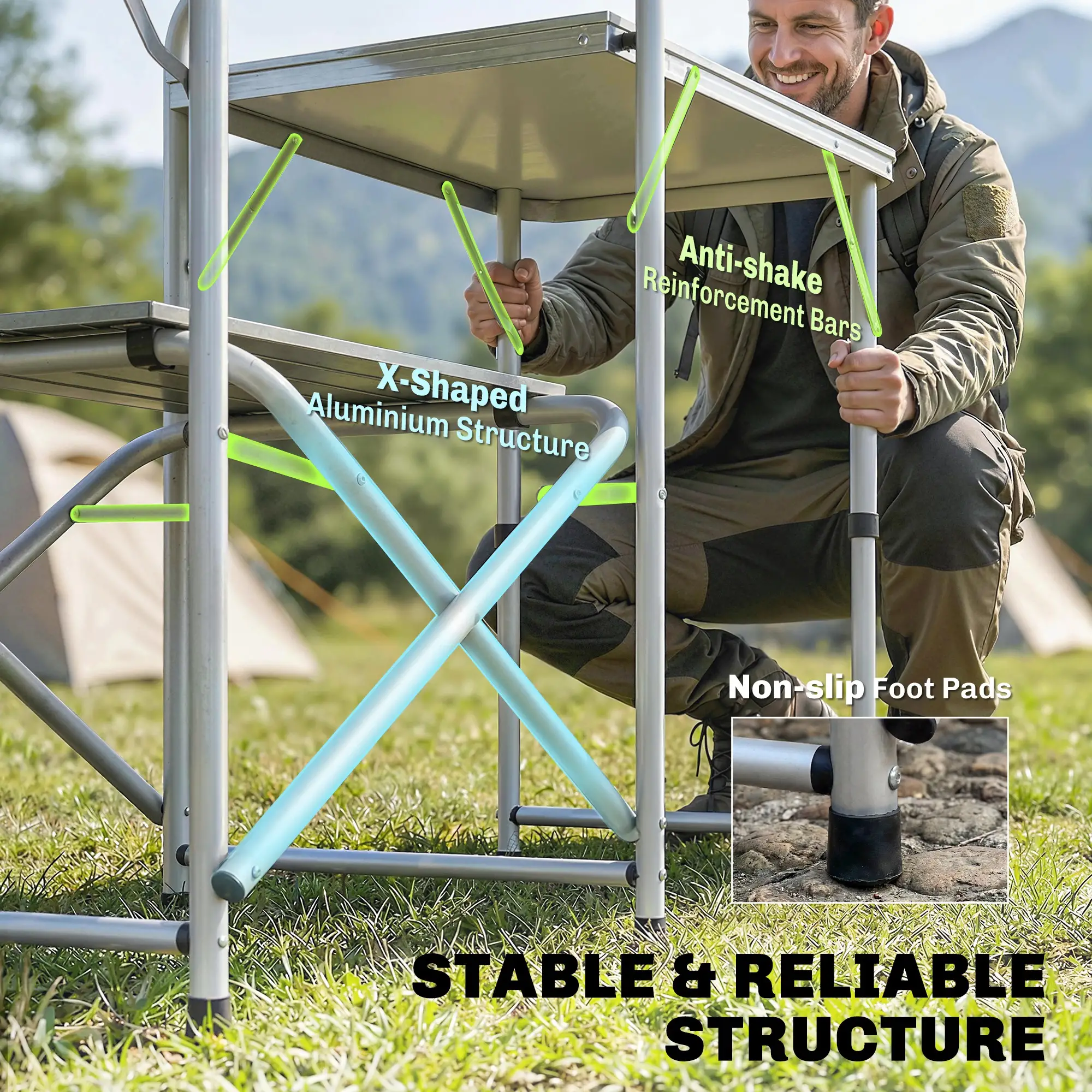 Portable Aluminum Camping Table, Fabric Cupboards, Windshield, Blue - Image 7