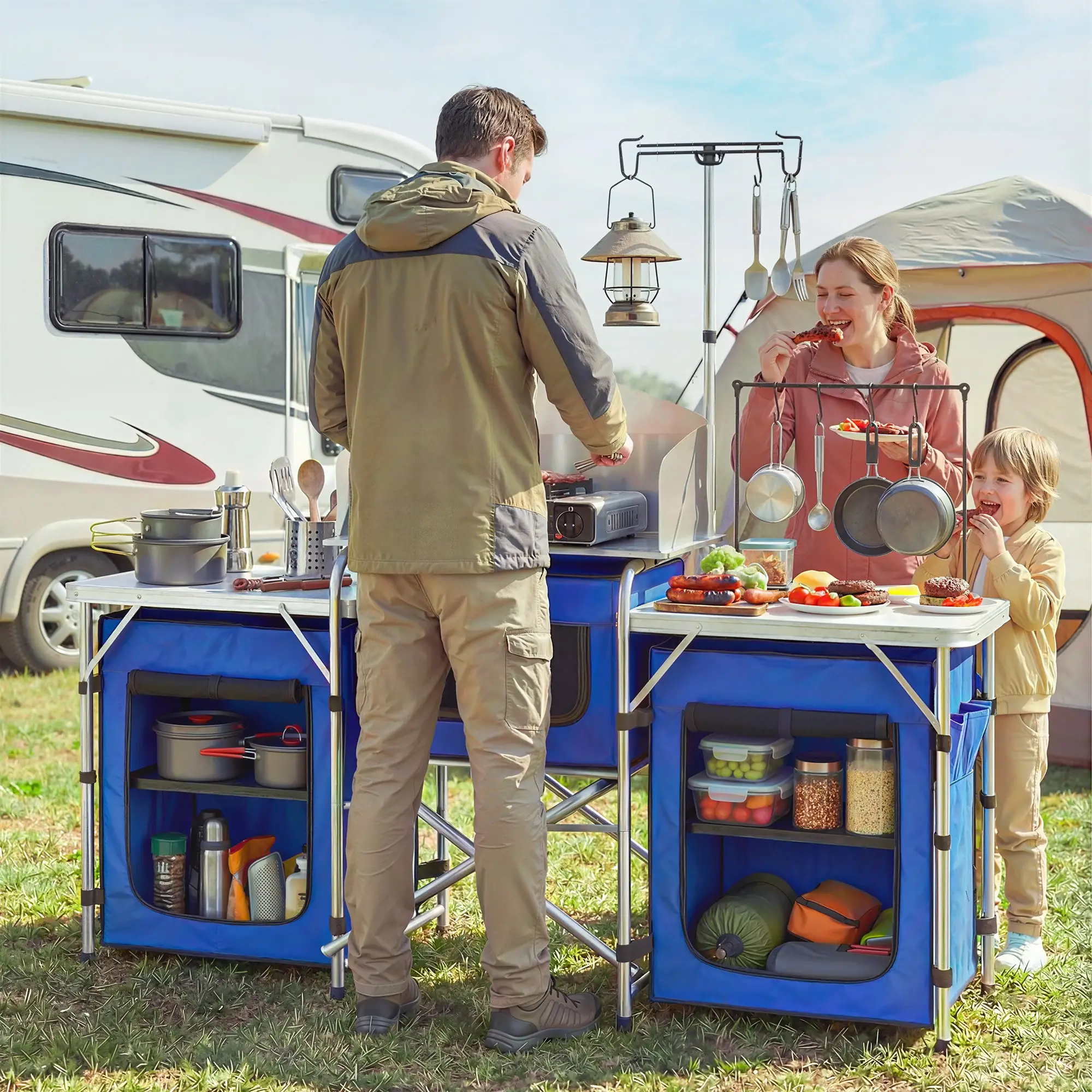 Portable Aluminum Camping Table, Fabric Cupboards, Windshield, Blue - Image 8
