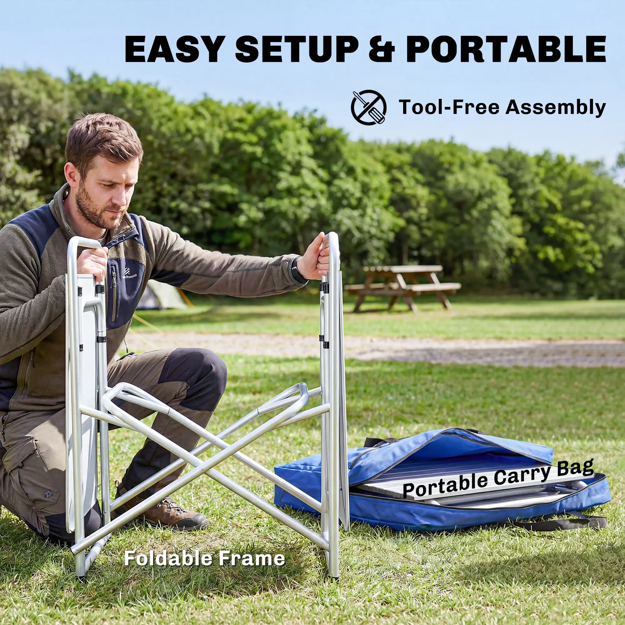 Portable Aluminum Camping Table, Fabric Cupboards, Windshield, Blue - Image 9