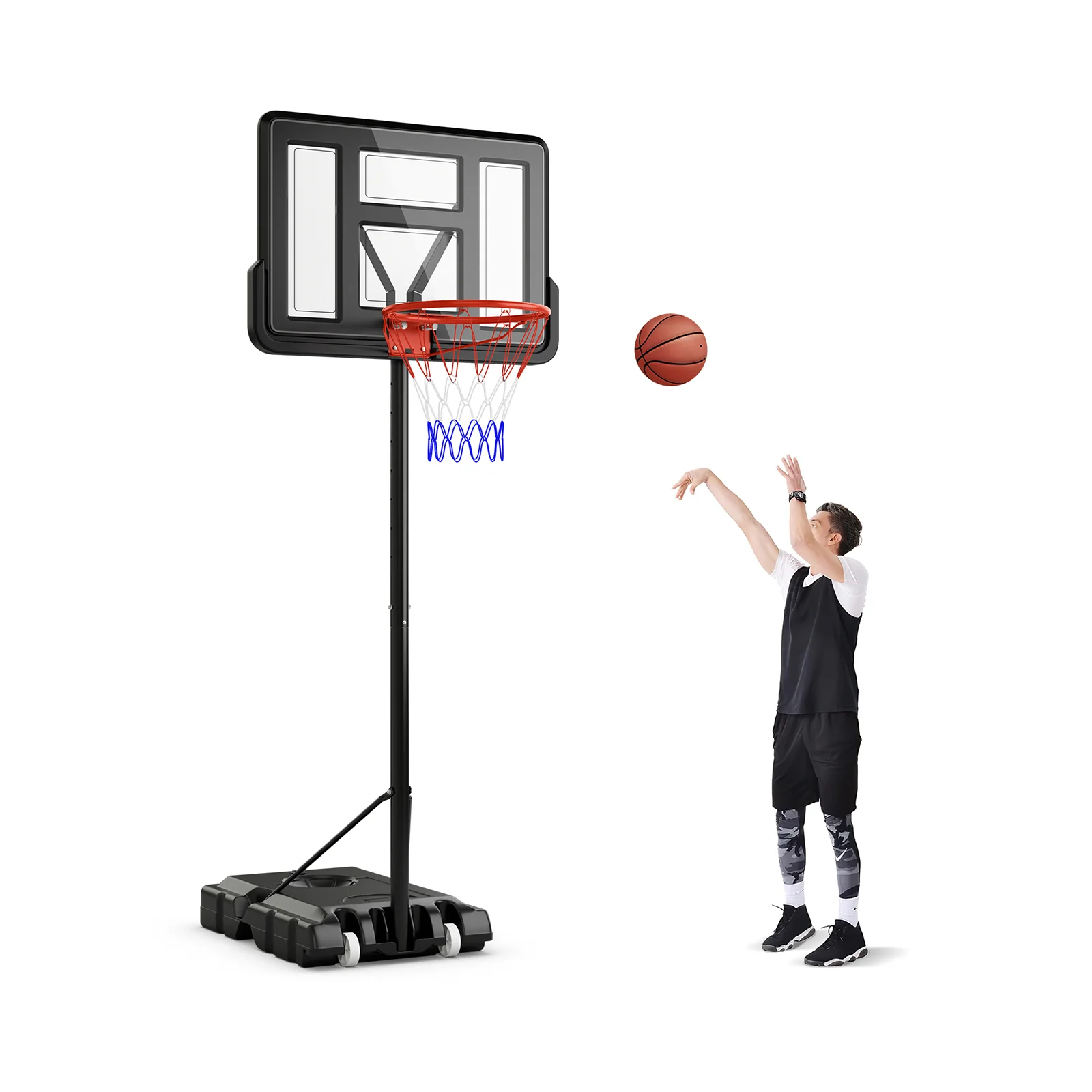 Portable Basketball Hoop, 4.4-10 Feet Adjustable, 2 Wheels, Fillable Base, Black