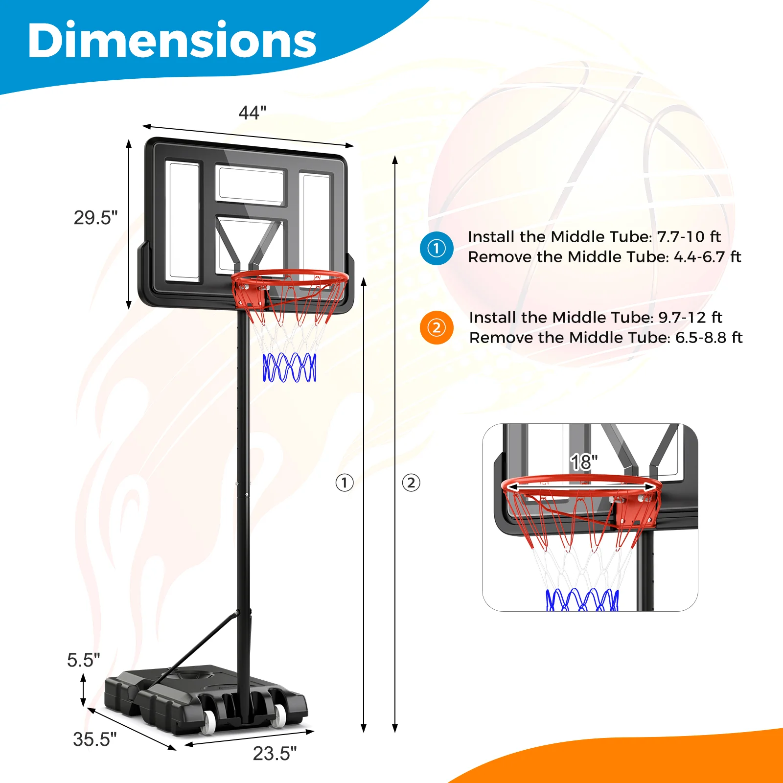 Portable Basketball Hoop, 4.4-10 Feet Adjustable, 2 Wheels, Fillable Base, Black - Image 5