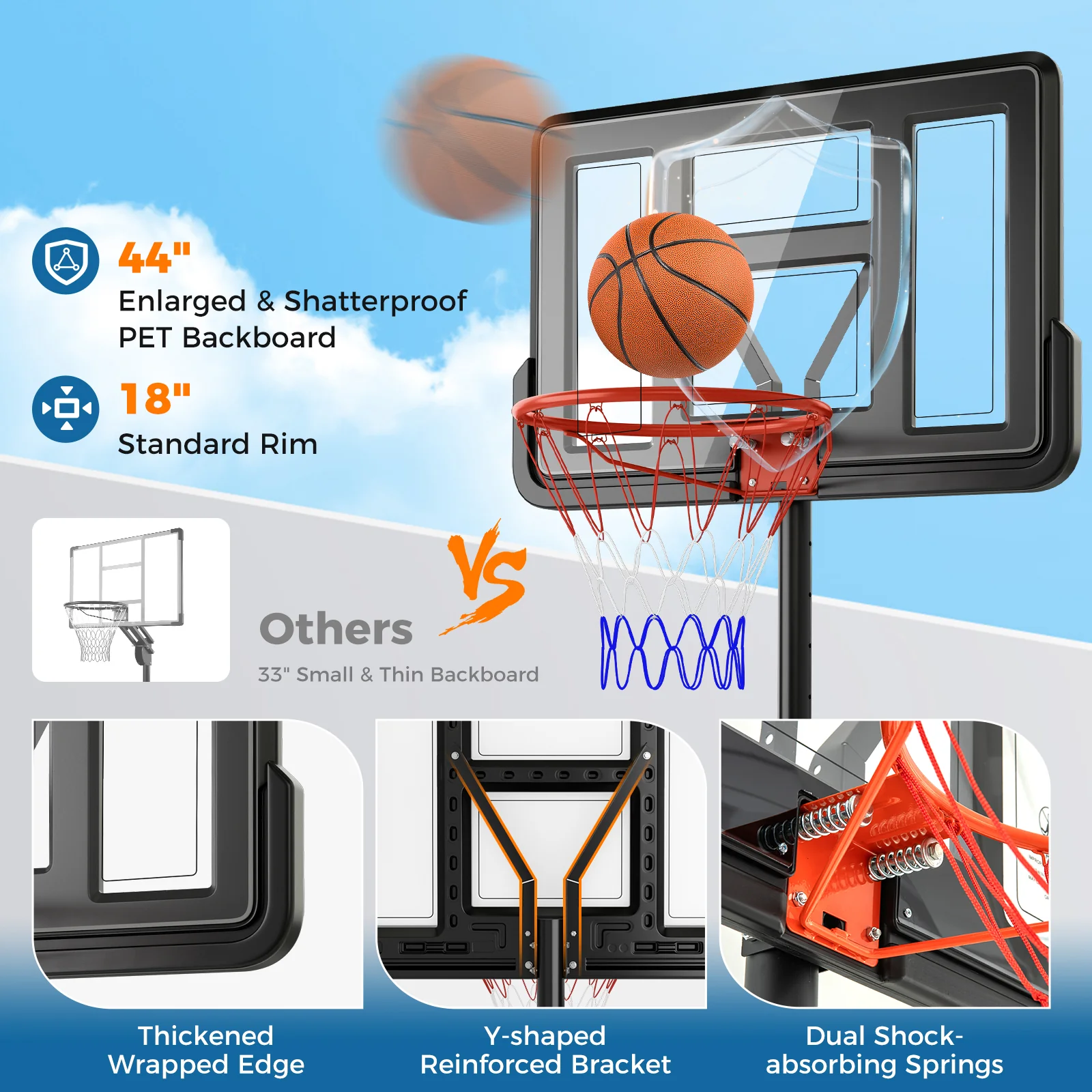 Portable Basketball Hoop, 4.4-10 Feet Adjustable, 2 Wheels, Fillable Base, Black - Image 7