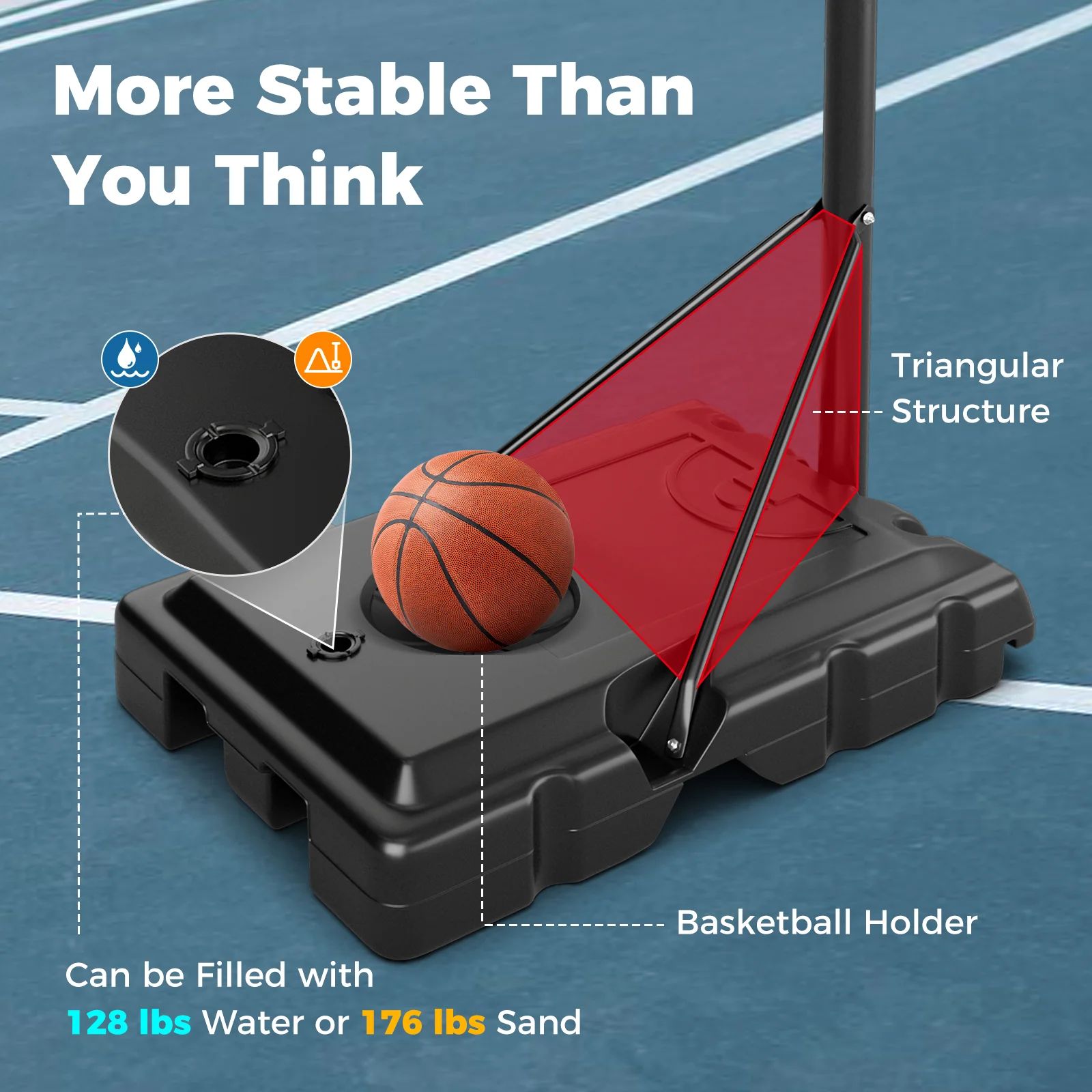 Portable Basketball Hoop, 4.4-10 Feet Adjustable, 2 Wheels, Fillable Base, Black - Image 8