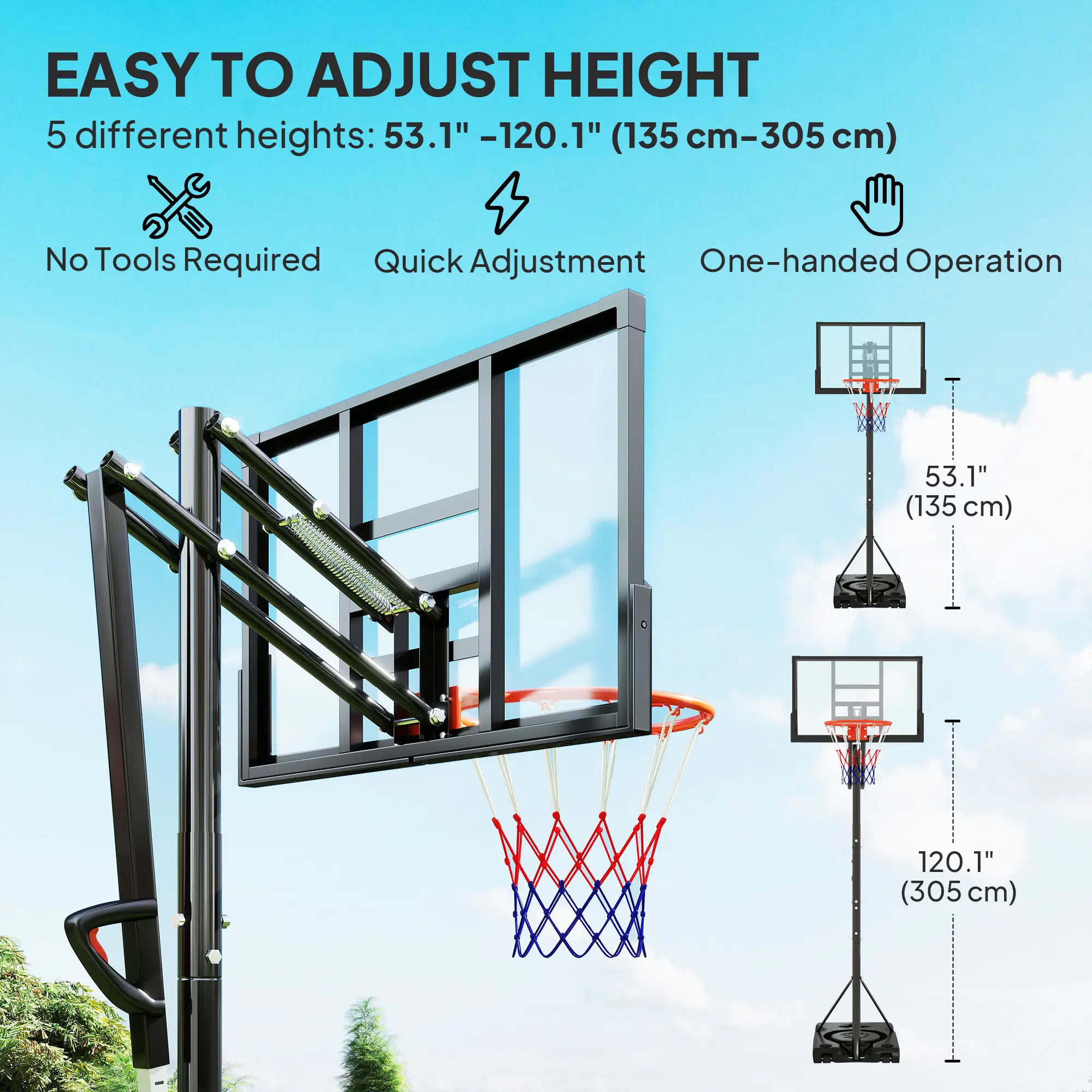 Portable Basketball Hoop, 4.4-10ft with Wheels and 44.5" Backboard, for Teenagers Youth Adults - Image 4