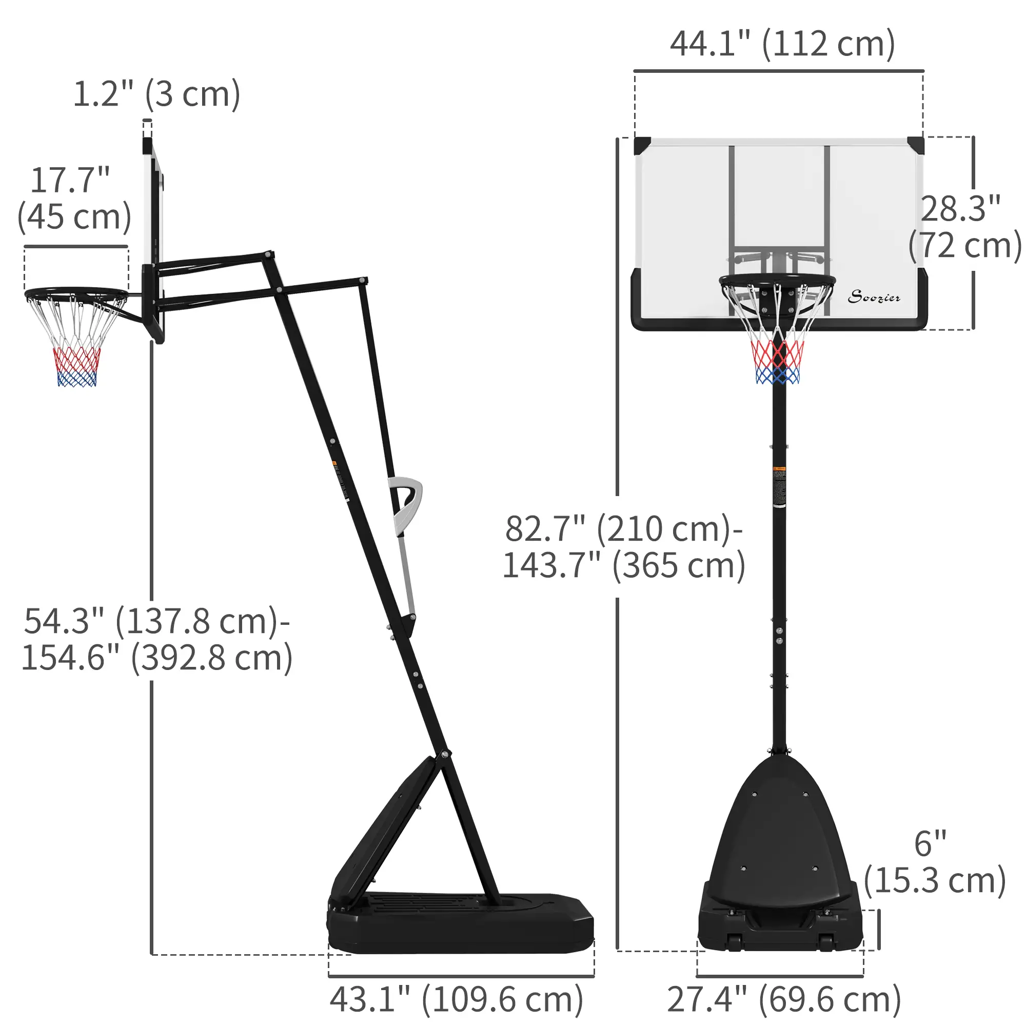 Portable Basketball Hoop, 5-10ft, 44" Shatterproof Backboard, Wheels - Image 3