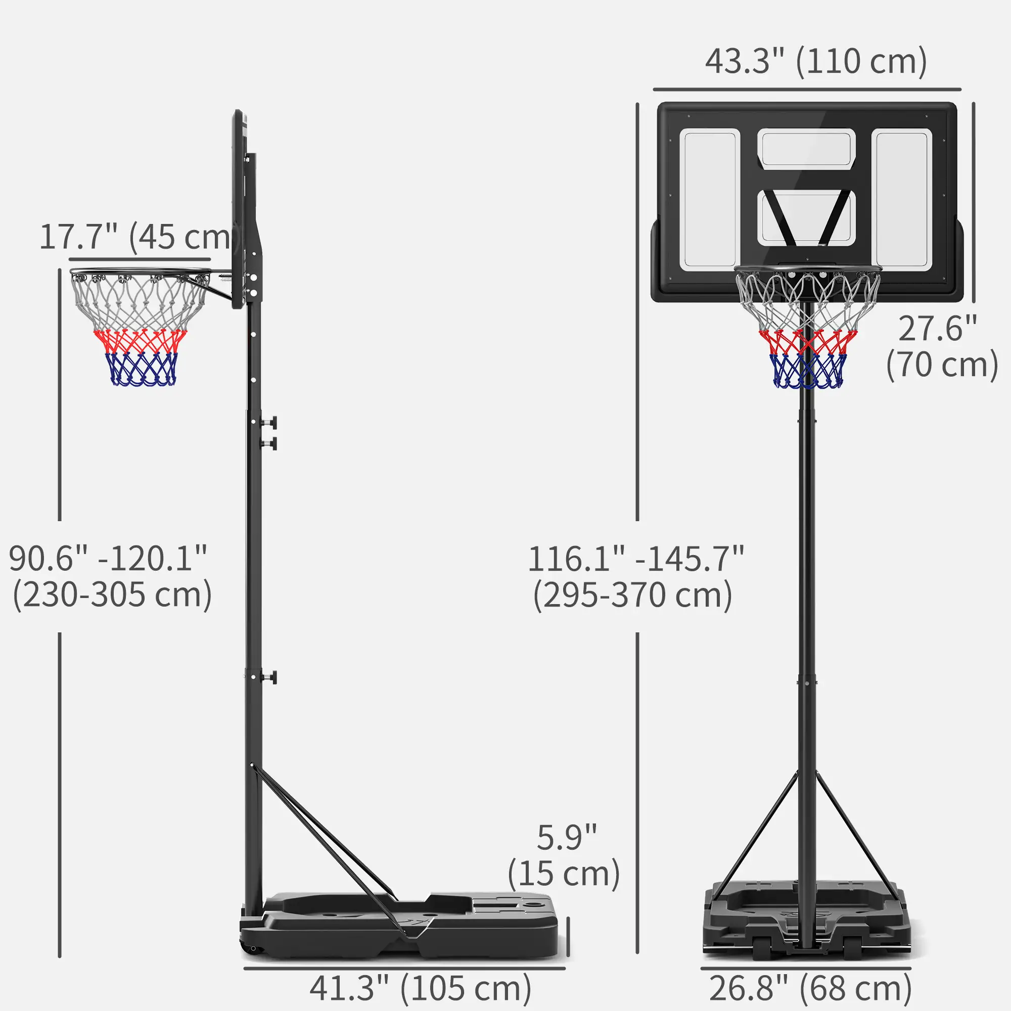 Portable Basketball Hoop, 7.5-10ft, 43" Backboard, Wheels, for Teens Adults - Image 3