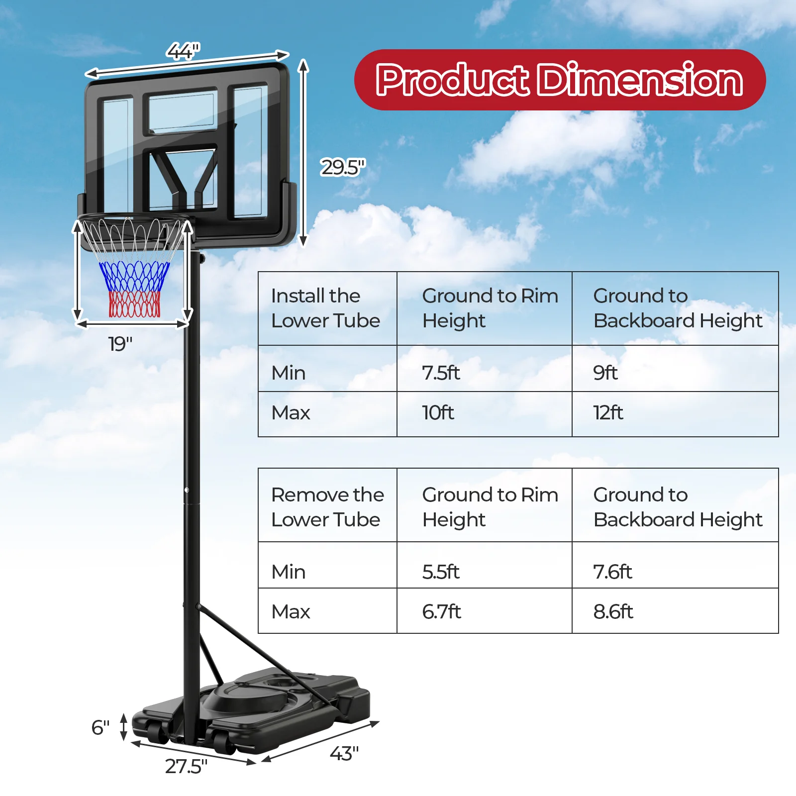 Portable Basketball Hoop, 9-Position Adjustable Height, Black - Image 6