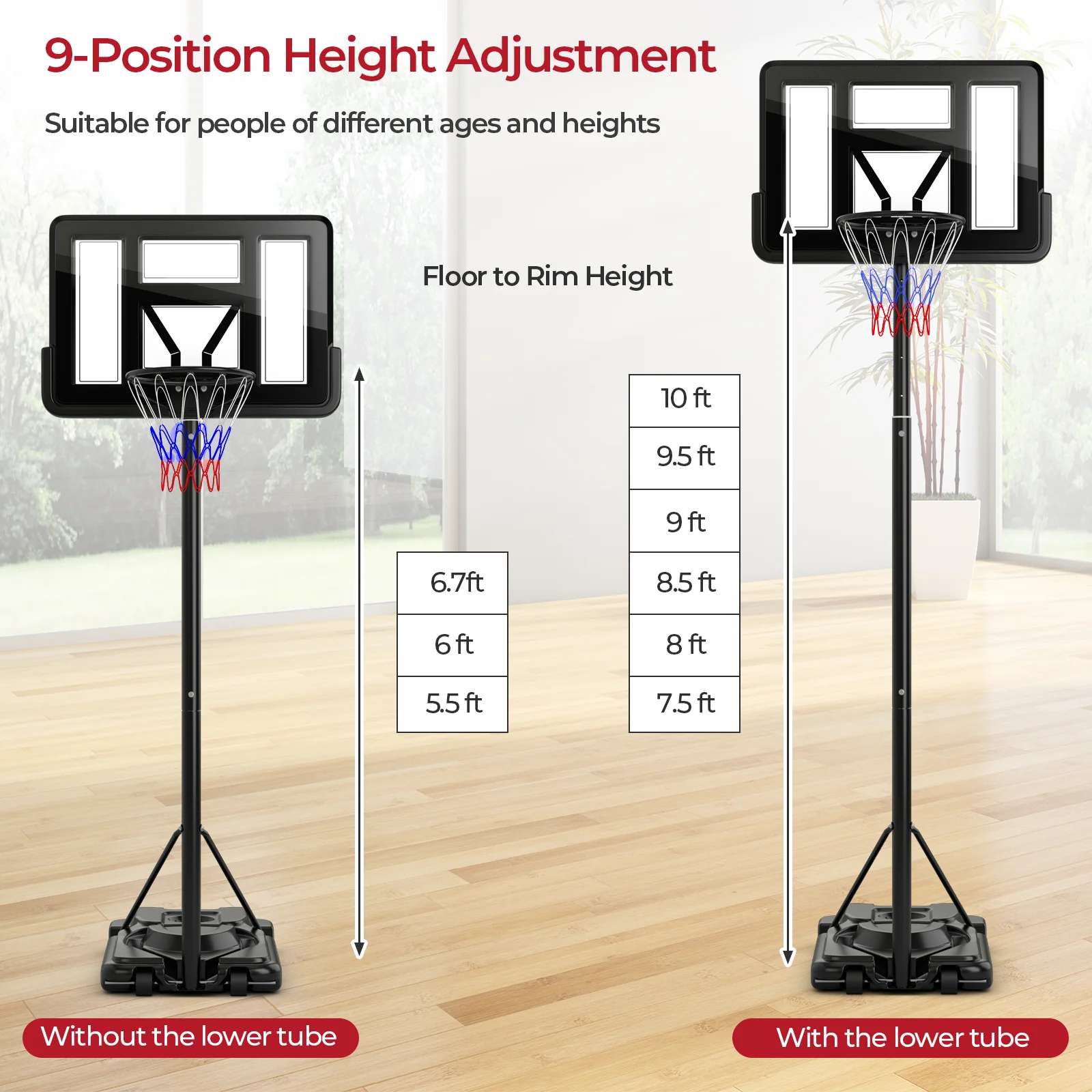 Portable Basketball Hoop, 9-Position Adjustable Height, Black - Image 7