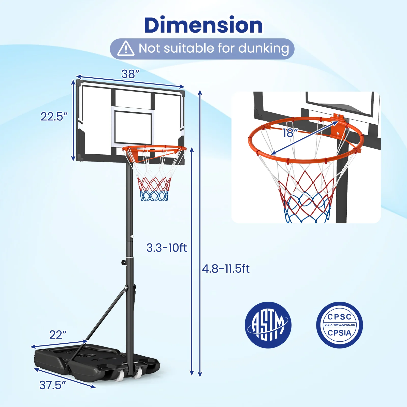 Portable Basketball Hoop, Adjustable 3.3-10 Feet, Black - Image 5