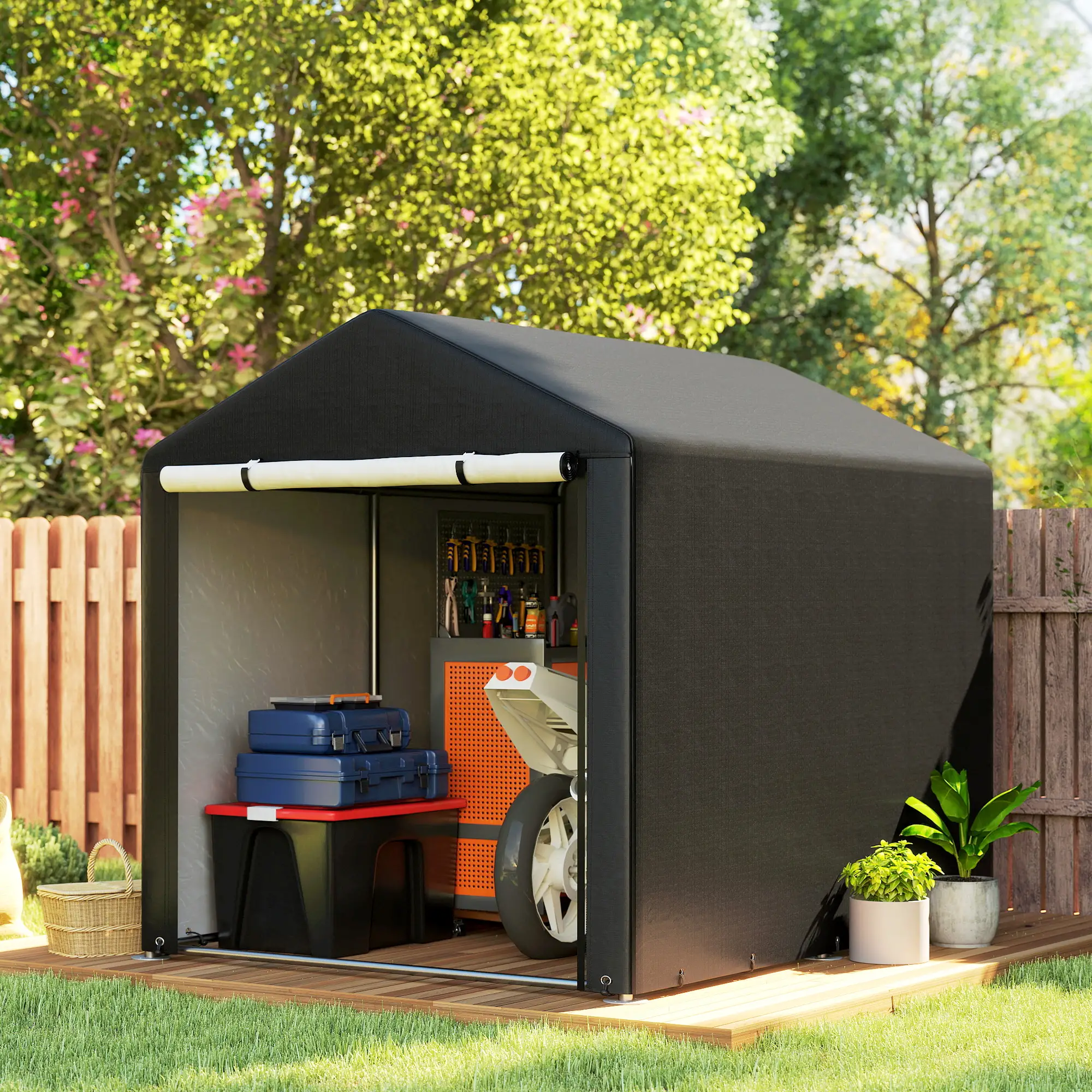 Portable Bicycle Shed, Galvanised Steel Frame, Large Door, Waterproof, Black - Image 2