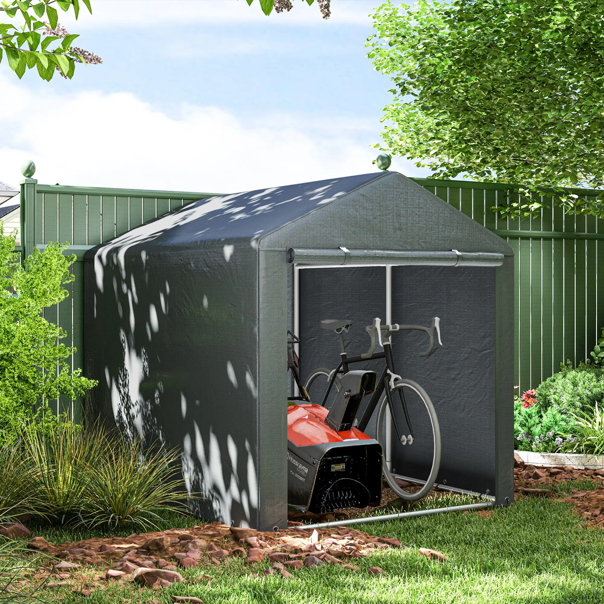 Portable Bicycle Shed, Galvanised Steel Frame, Large Door, Waterproof, Dark Grey - Image 2