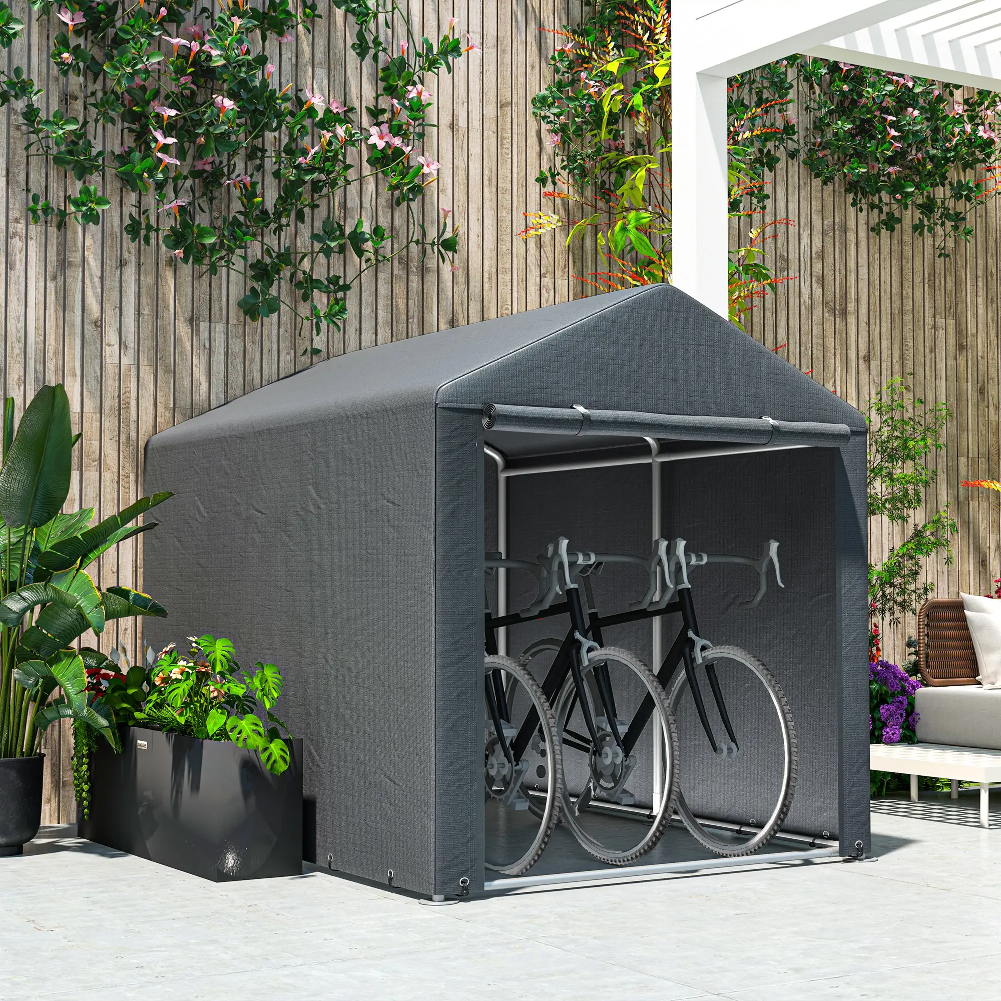 Portable Bicycle Shed, Galvanised Steel Frame, Large Door, Waterproof, Dark Grey - Image 7