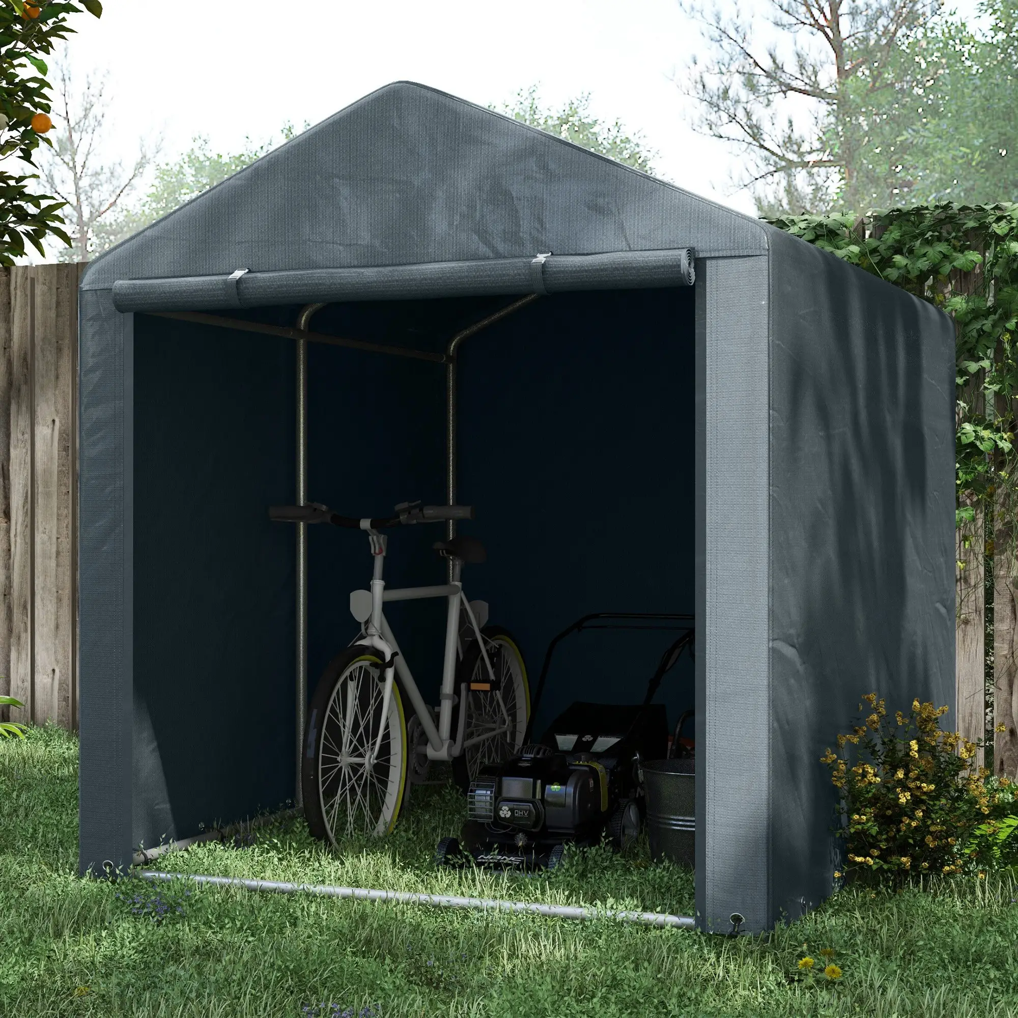 Portable Bicycle Shed, Galvanised Steel Frame, Large Door, Waterproof, Dark Grey - Image 8