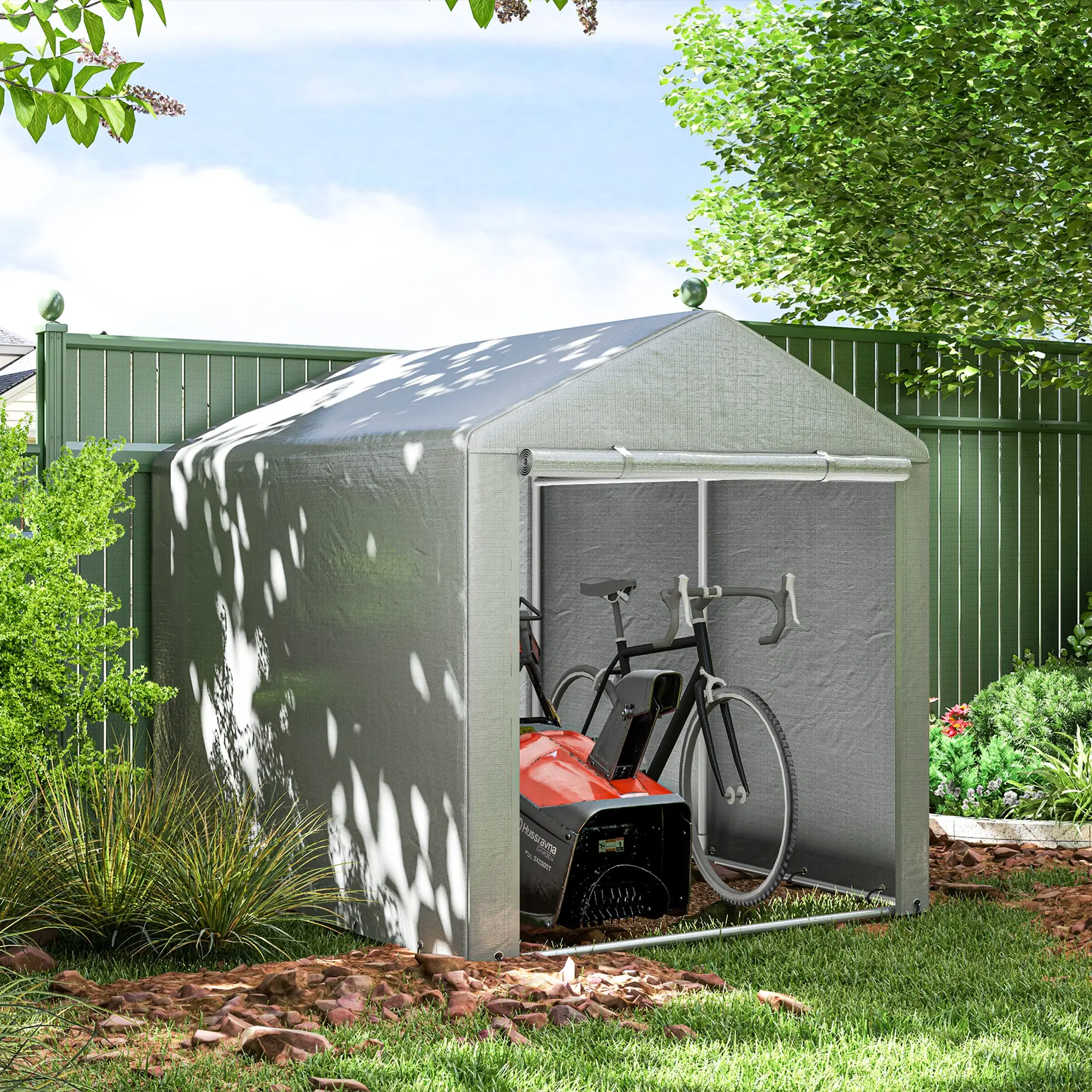 Portable Bicycle Shed, Galvanized Steel Frame, Large Door, Waterproof, Light Grey - Image 2